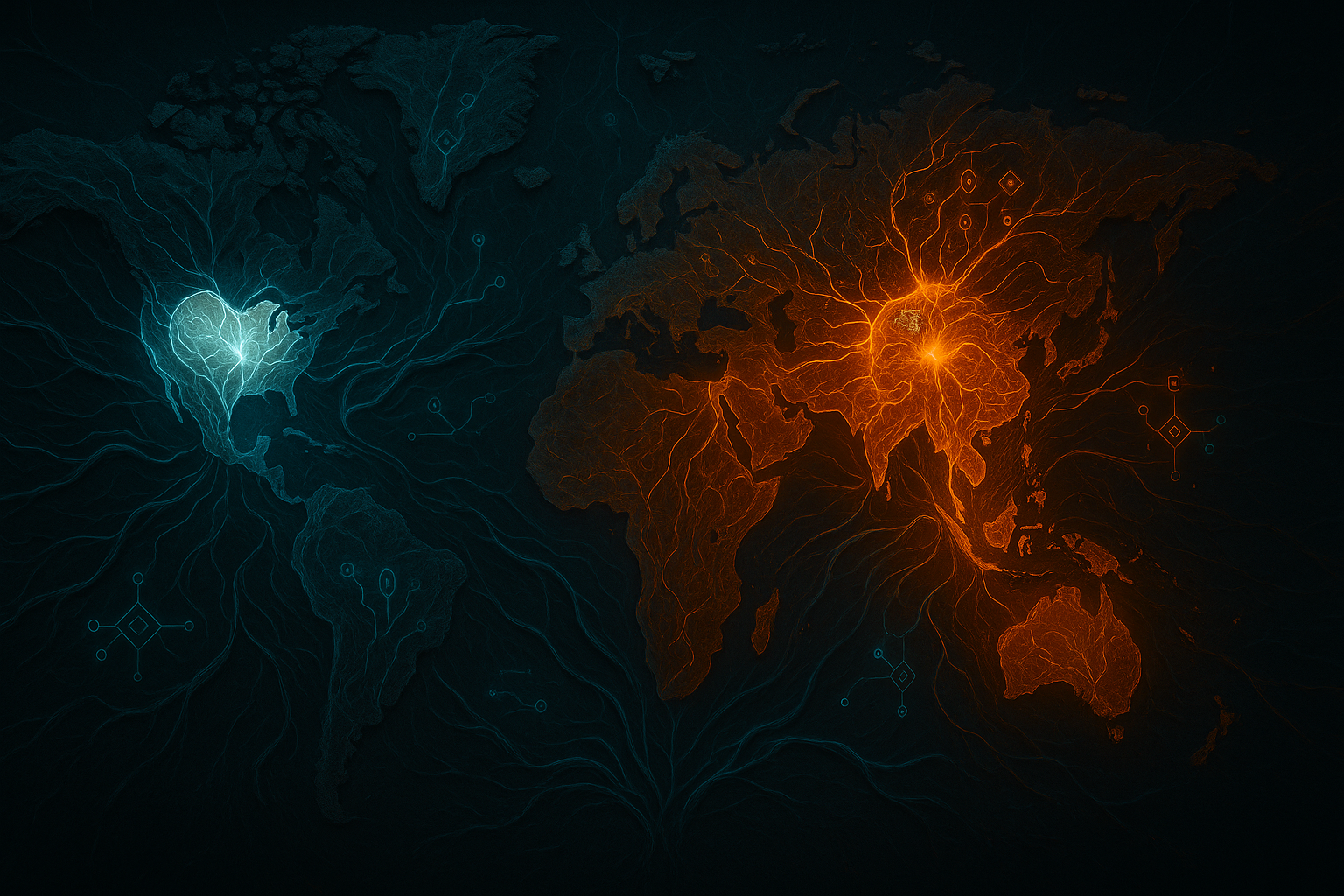 Imagem realista e simbólica de um mapa-múndi biotecnológico, com os EUA representados por um coração esbranquiçado e enfraquecido, enquanto os BRICS brilham em tons de cobre e neon, criando uma nova rede simbiótica de valor descentralizado.