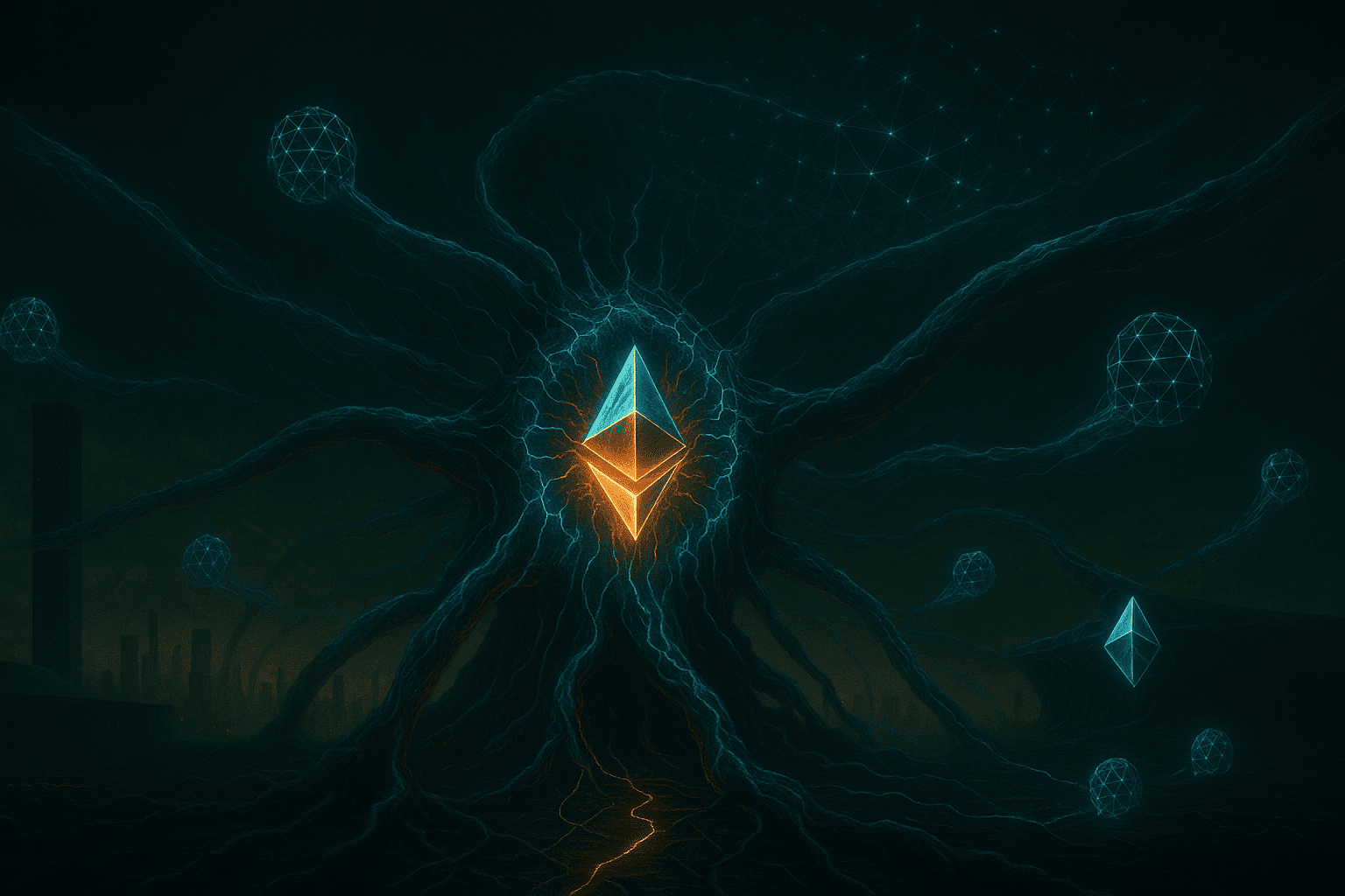 Uma cena realista retratando um organismo Ethereum em mutação no momento de sua atualização Pectra. A rede é representada como uma entidade luminosa e pulsante com camadas em evolução, canais de dados se expandindo como neurônios ramificados e validadores atuando como células em torno de um coração central brilhante de contratos inteligentes. O tom é dramático e simbólico, transmitindo transformação e evolução técnica