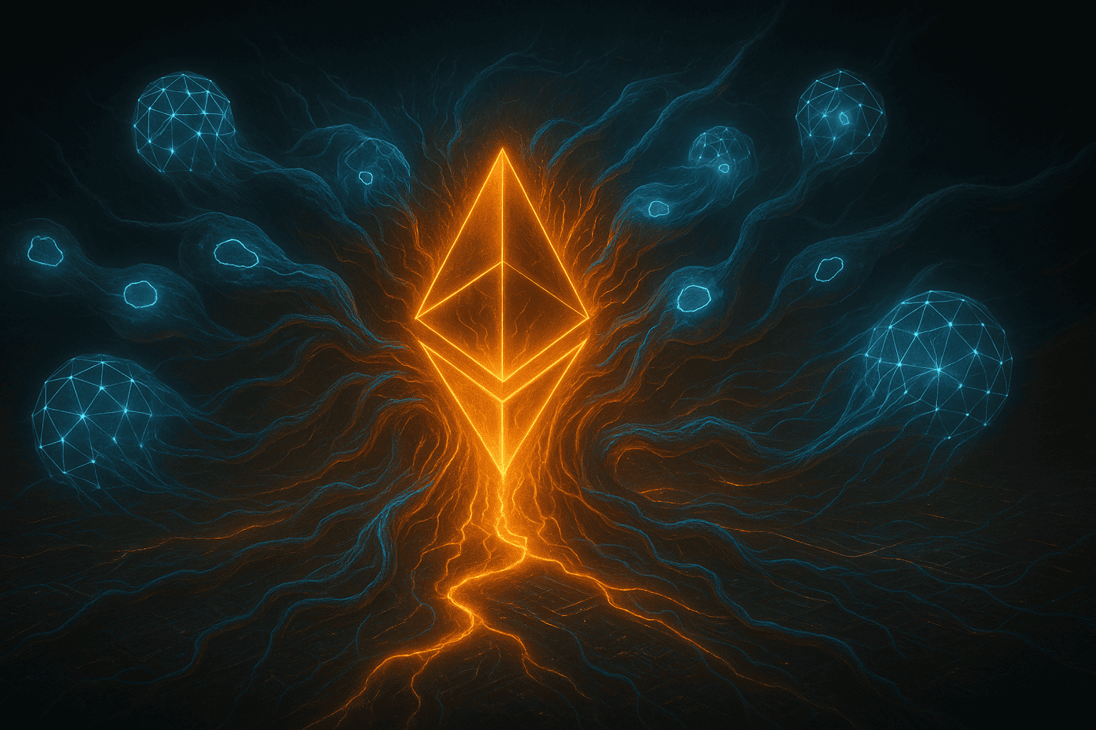 Um visual realista e simbólico da rede Ethereum passando pela atualização Pectra - um organismo digital vivo evoluindo, com validadores brilhantes em torno de um logotipo central do Ethereum pulsante, canais de atividade de contrato inteligente se ramificando como neurônios. Humor: transformador, técnico, vivo.