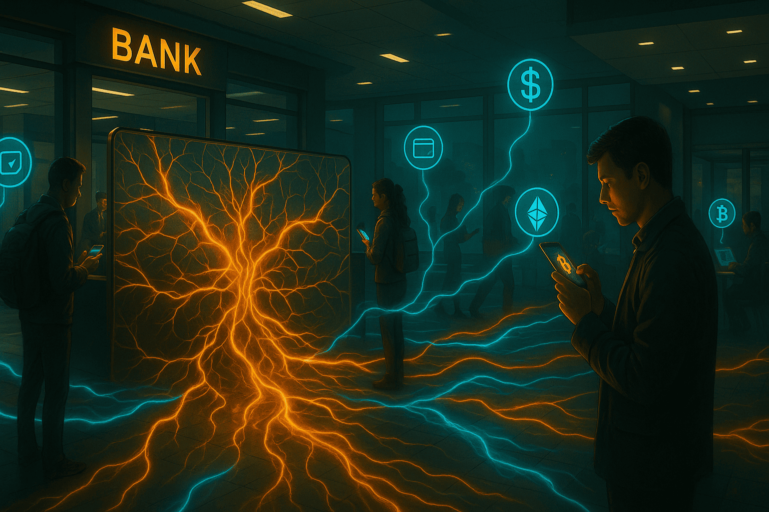 ambiente financeiro tradicional (como uma agência bancária do futuro) tentando conter fluxos de criptomoedas e carteiras externas com barreiras simbióticas, enquanto usuários ao redor acessam protocolos descentralizados com liberdade e autonomia, em uma estética simbiótica crítica.