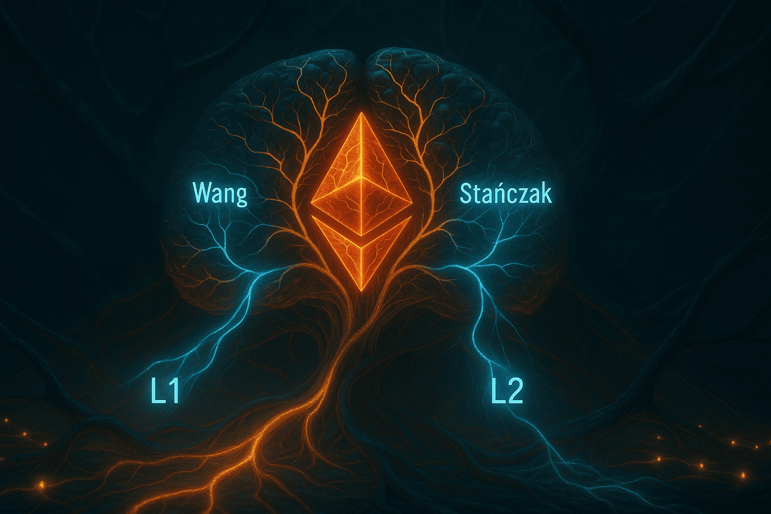 Cena realista de uma rede orgânica simbolizando o Ethereum como um cérebro descentralizado, com Wang e Stańczak representados como centros nervosos coordenando impulsos entre L1 e L2 em uma atmosfera biotecnológica e luminosa.