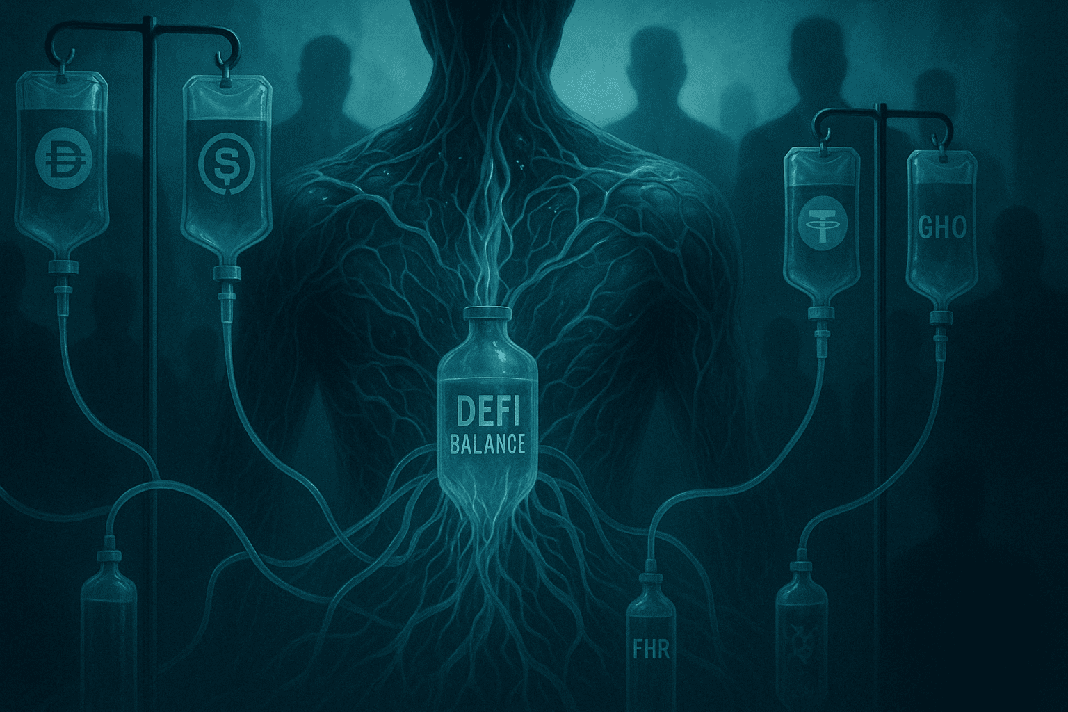 Cena dramática e futurista de um organismo digital sendo mantido vivo por tubos intravenosos com símbolos de stablecoins. No centro, um frasco marcado como “Equilíbrio DeFi” conecta as principais moedas estáveis a diferentes partes do corpo do sistema. Em segundo plano, sombras de figuras estatais observam, representando a ameaça das CBDCs. Atmosfera simbiótica e tecnológica, com cores frias e estética high-tech.