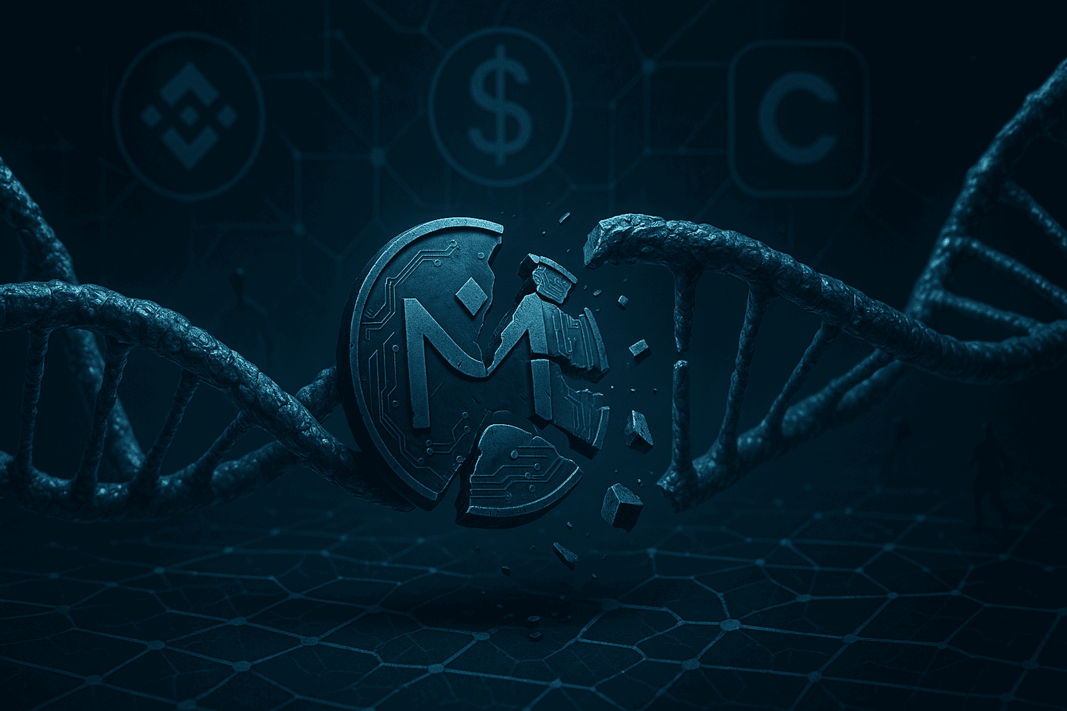 Uma ilustração simbiótica mostrando uma cadeia de DNA cripto rompida no meio, com fragmentos de um token digital se desconectando do núcleo.