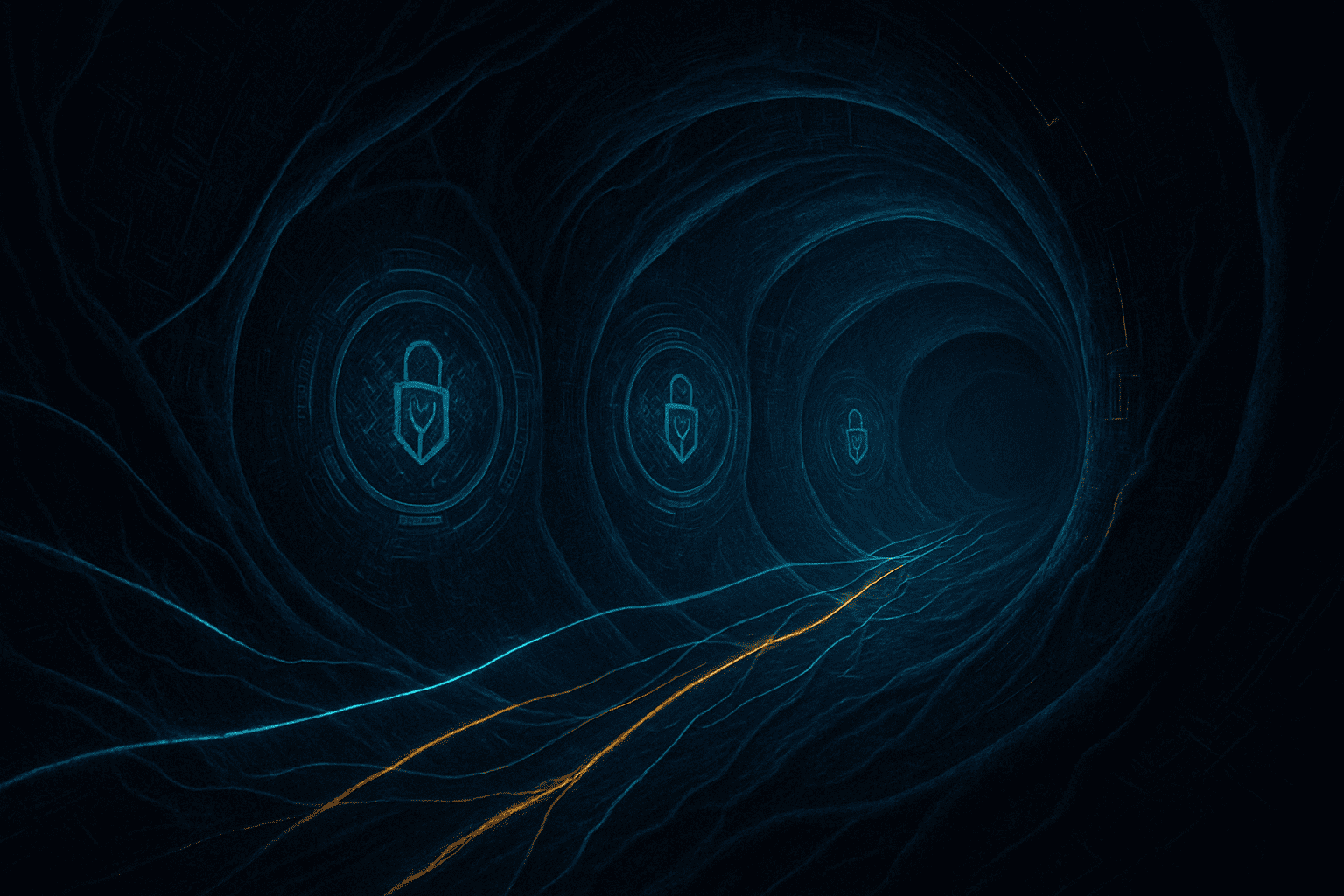 Uma ilustração realista de um túnel biotecnológico escuro, onde cada feixe de dados surge como um fio luminoso entrelaçado, passando por três câmaras circulares sobrepostas. Cada câmara exibe camadas de circuitos e símbolos de criptografia, com luzes pulsantes em azul profundo.