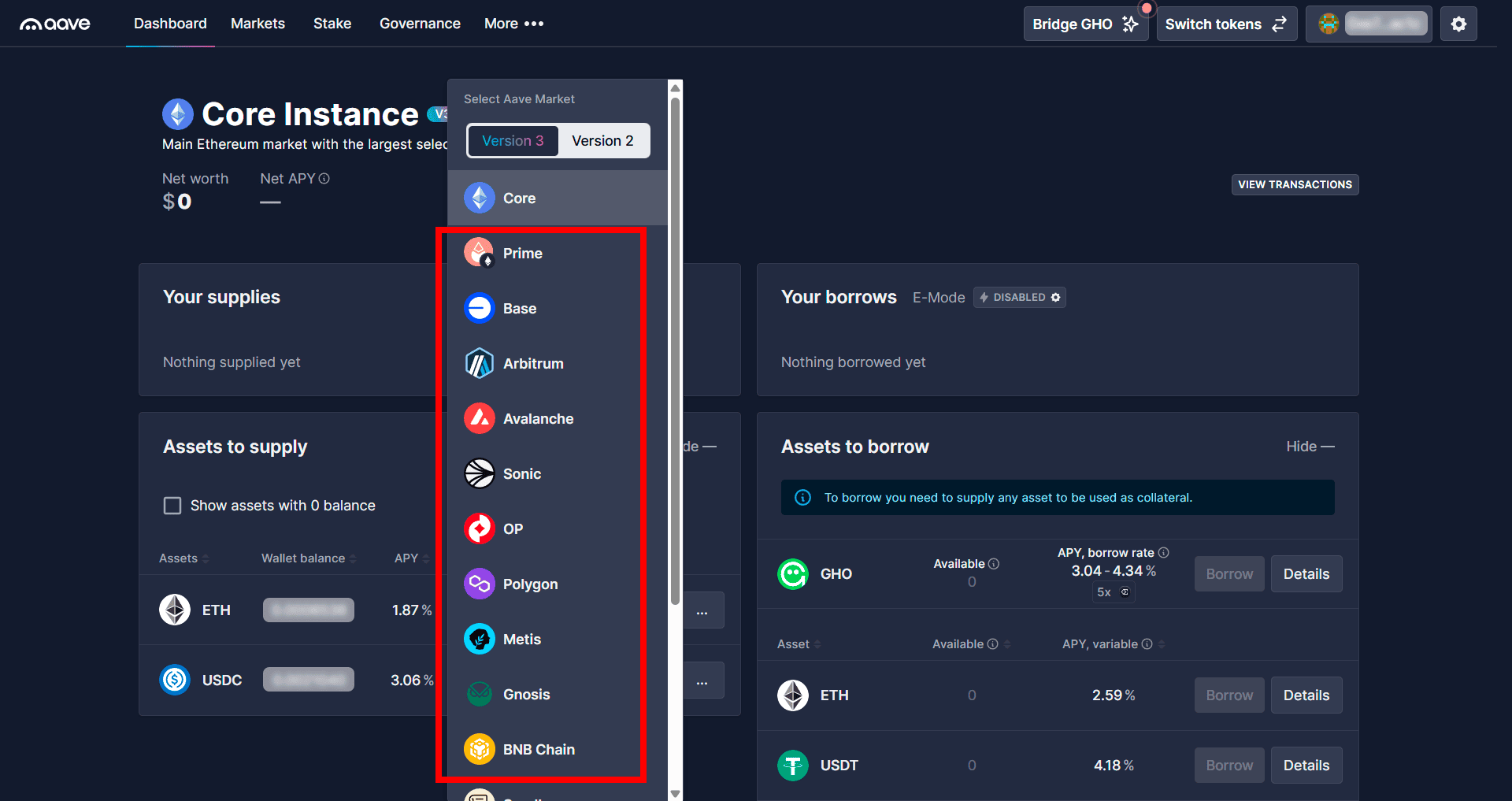 Seleção de redes dentro do Aave, com destaque para opções L2.