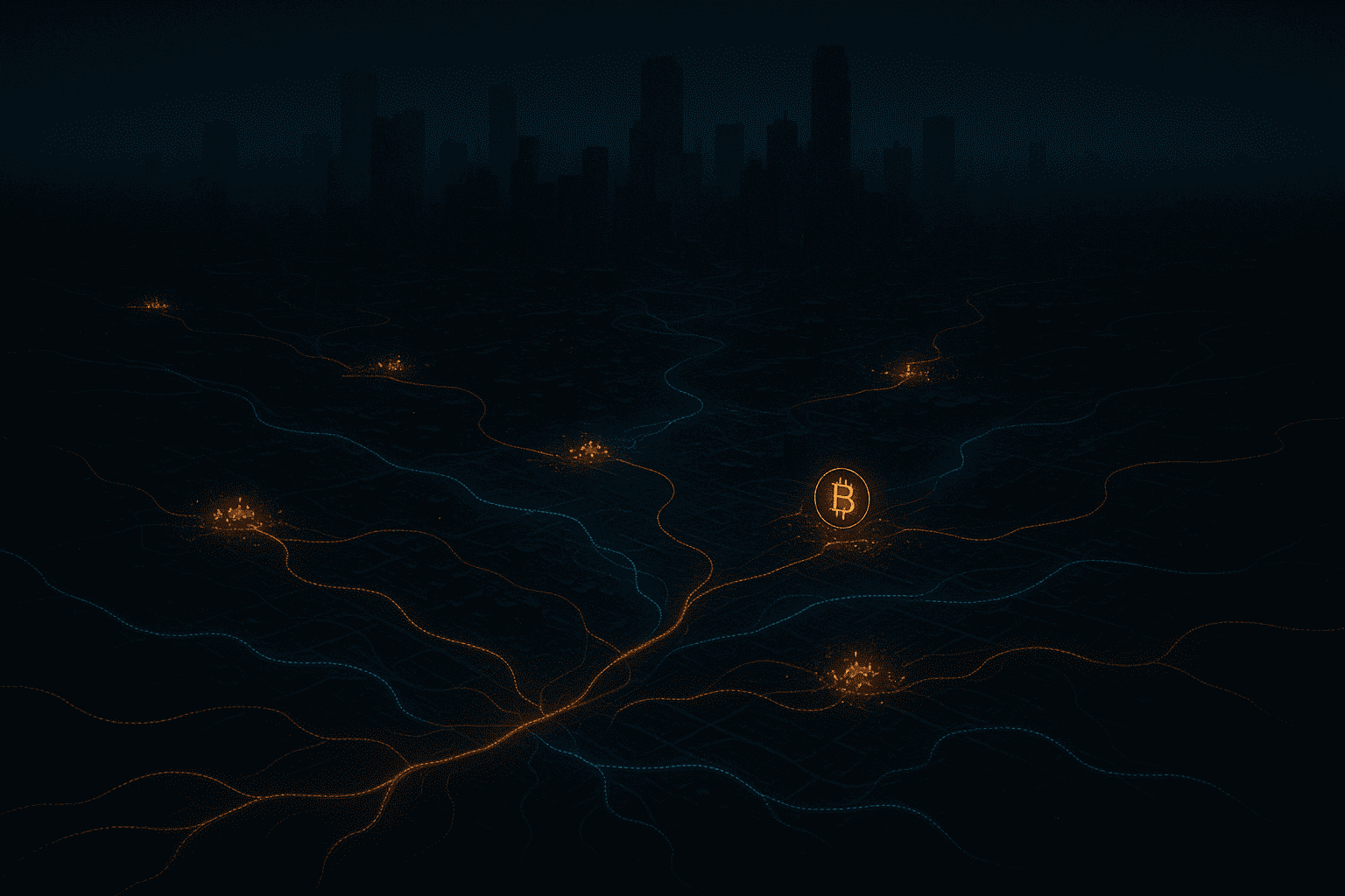 Representação simbiótica de uma cidade futurista parcialmente apagada, com apenas redes descentralizadas (como Bitcoin e microgrids) brilhando como veias energéticas, conectando pequenos núcleos autossuficientes em meio à escuridão centralizada.