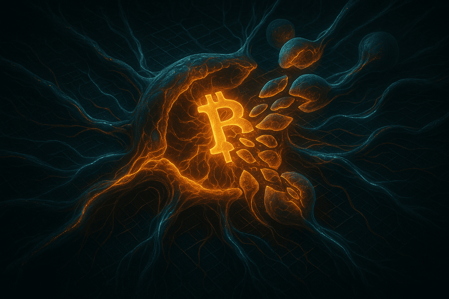 Uma criptocélula adormecida despertando após uma década, dividindo-se em organismos digitais menores dentro de um tecido blockchain. Fluxos brilhantes de BTC fluem para os compartimentos circundantes, visualizando uma reativação simbólica de baleias criptográficas. 