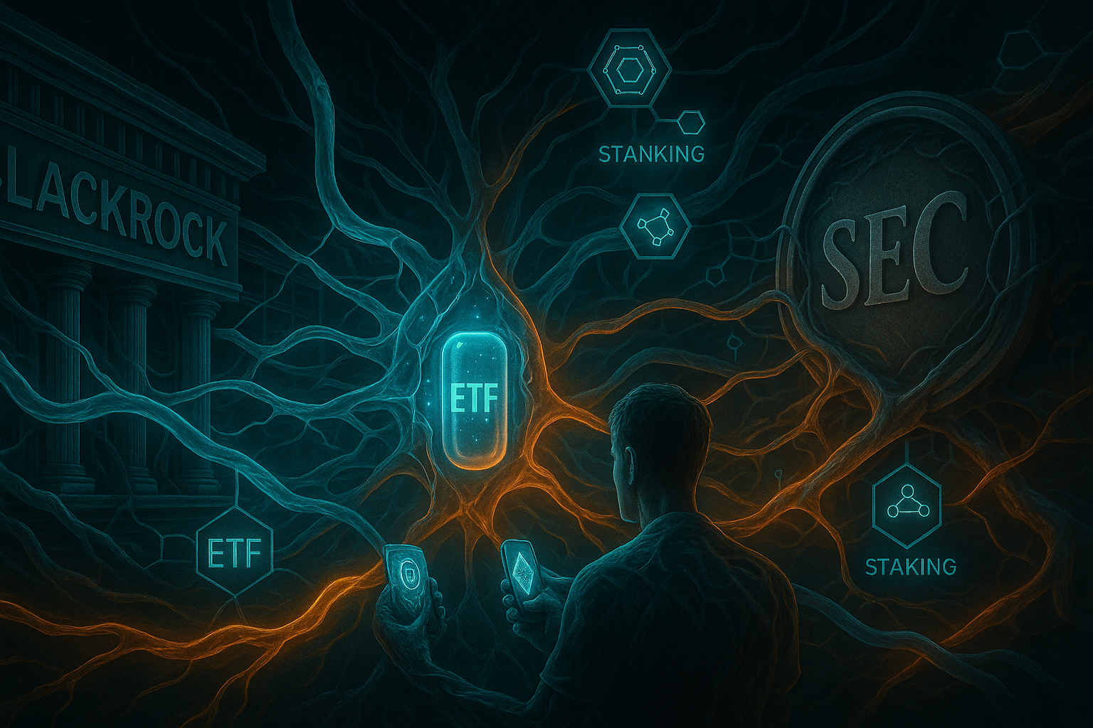 a interseção entre a BlackRock e a SEC com estruturas financeiras tradicionais sendo conectadas a redes blockchain vivas, com ramificações de contratos inteligentes e moléculas de staking fluindo entre ETFs e protocolos descentralizados. 