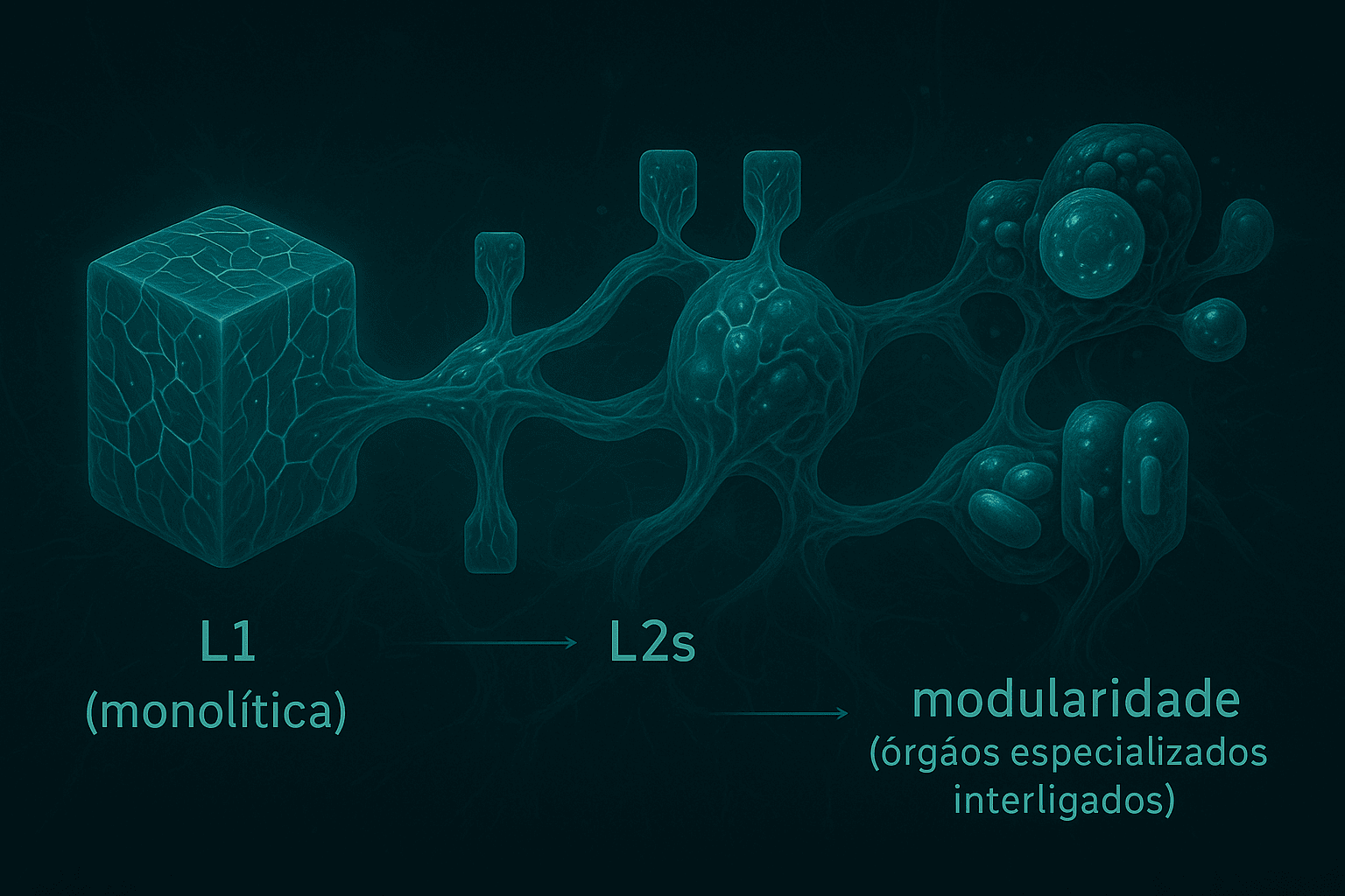Fluxograma simbiótico ilustrando a evolução da arquitetura blockchain: da L1 (monolítica) para L2s (vasos auxiliares) até modularidade (órgãos especializados interligados), com visual de ecossistema orgânico.