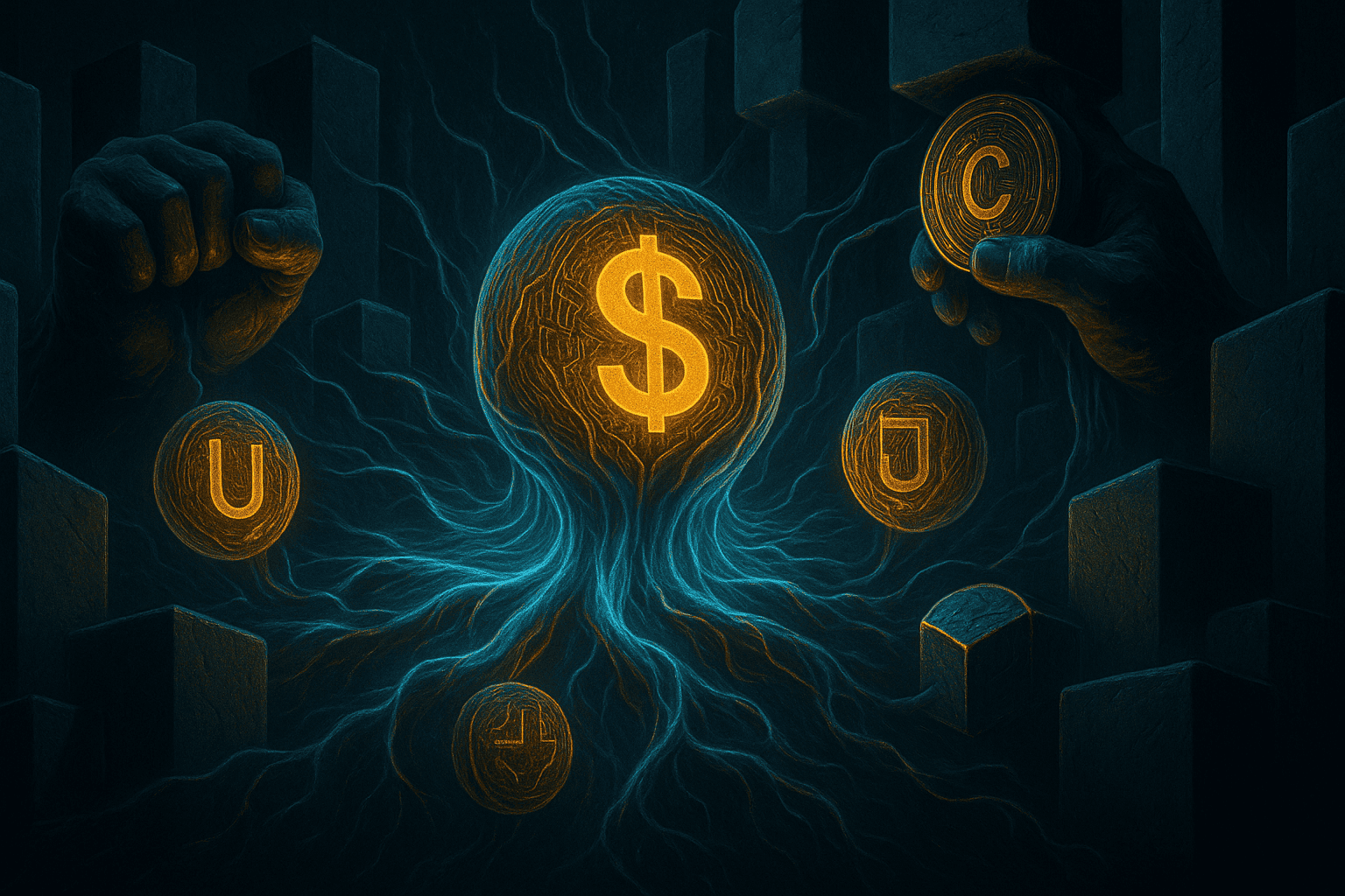 Stablecoins como organismos digitais flutuando em uma rede descentralizada, sendo cercadas por estruturas rígidas e opacas que representam o Estado. As moedas lutam para escapar por canais orgânicos de autocustódia.