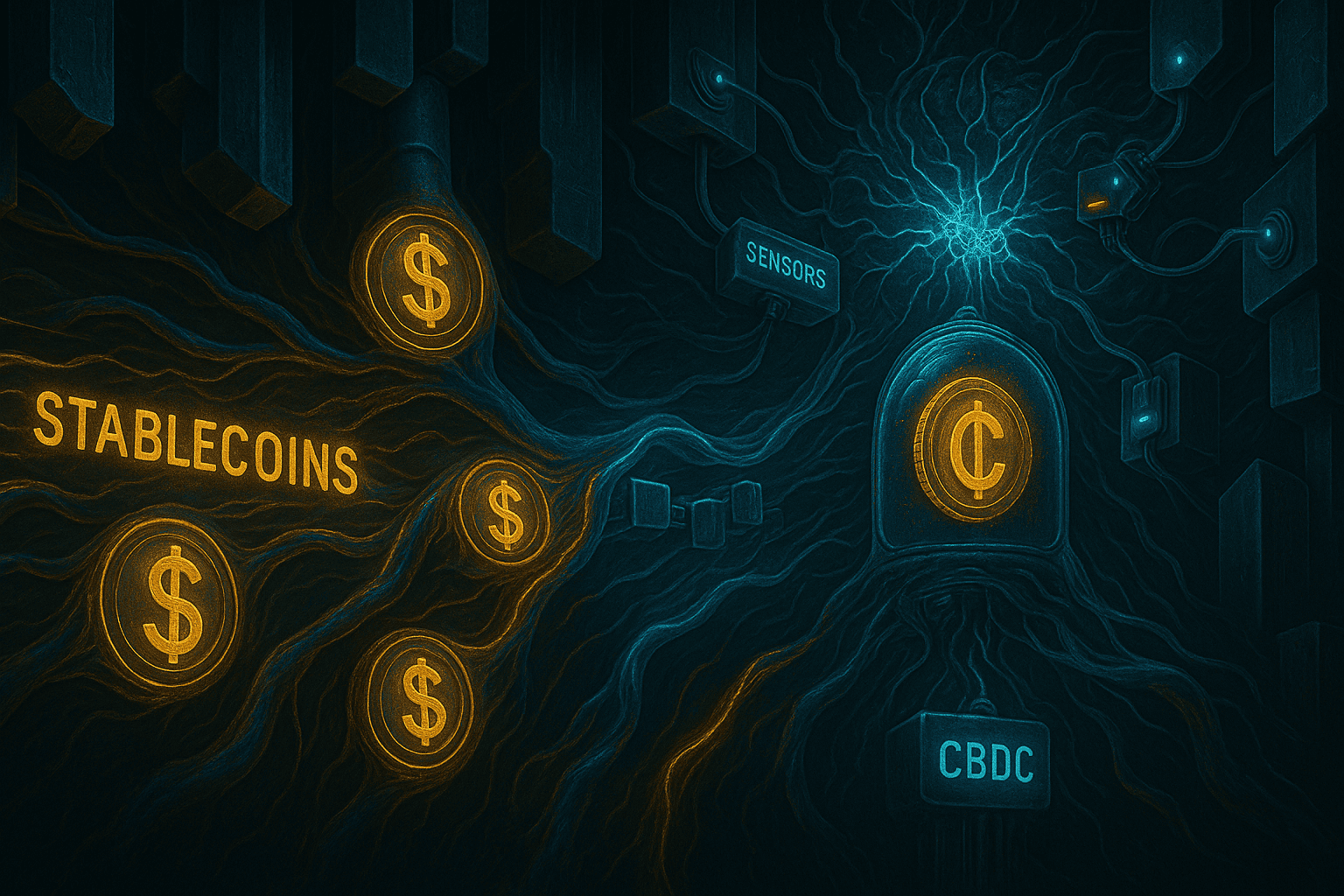 duas correntes paralelas: uma com stablecoins fluindo livremente por veias descentralizadas, outra com uma CBDC encapsulada, monitorada por sensores estatais, conectada a um cérebro de controle central. O contraste representa liberdade vs. vigilância.