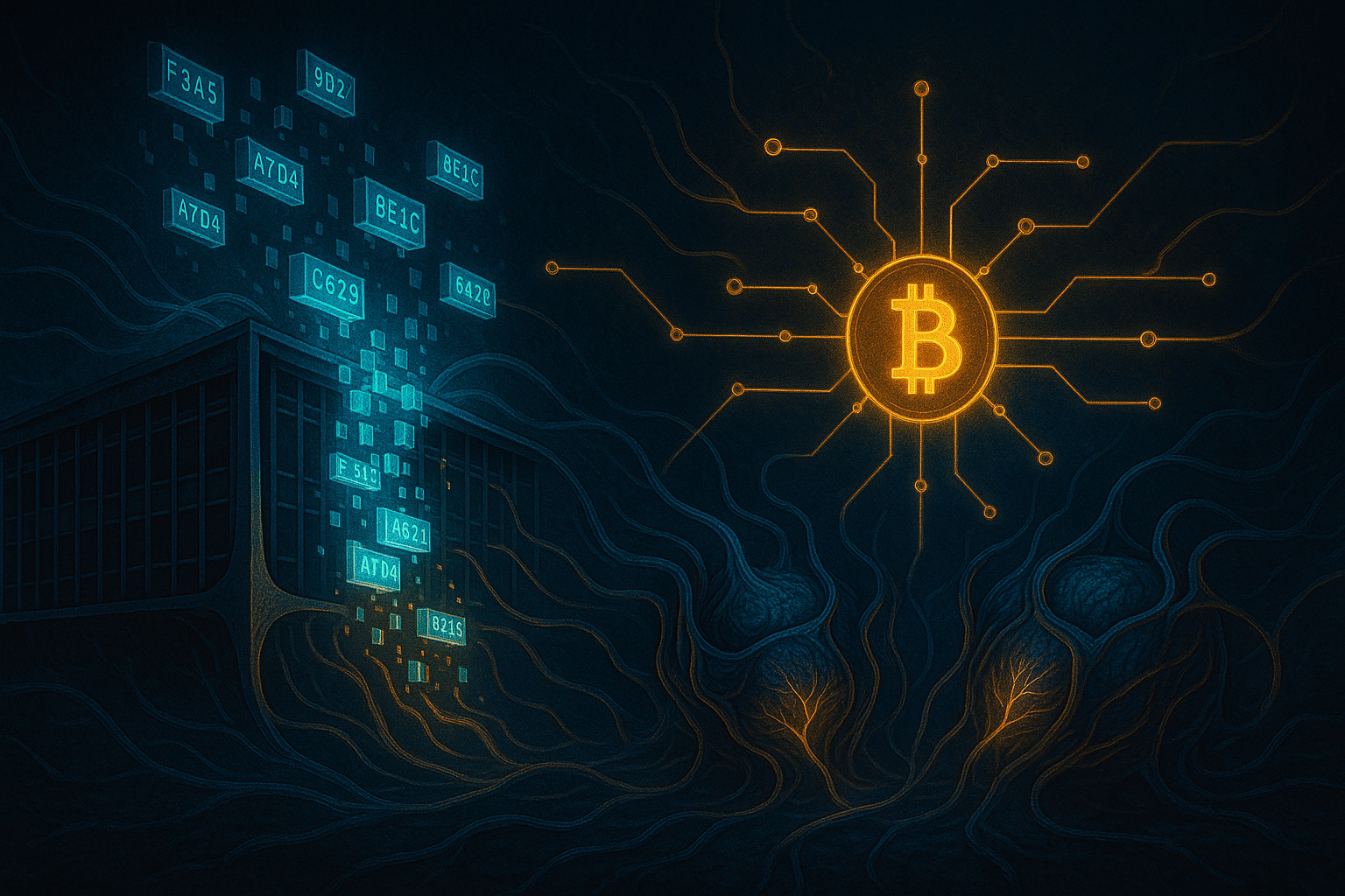 Um edifício moderno se desfragmentando em partículas digitais, que se conectam a uma rede blockchain iluminada. Cada partícula carrega um código hexadecimal visível e é absorvida por carteiras digitais que se parecem com órgãos vivos.