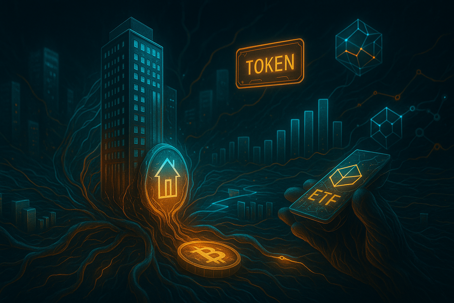 Uma bolsa de valores biotecnológica onde os ativos são imóveis digitalizados, com gráficos, tokens e fibras blockchain interconectando os dados. O ambiente é técnico, futurista, com detalhes orgânicos nas estruturas.