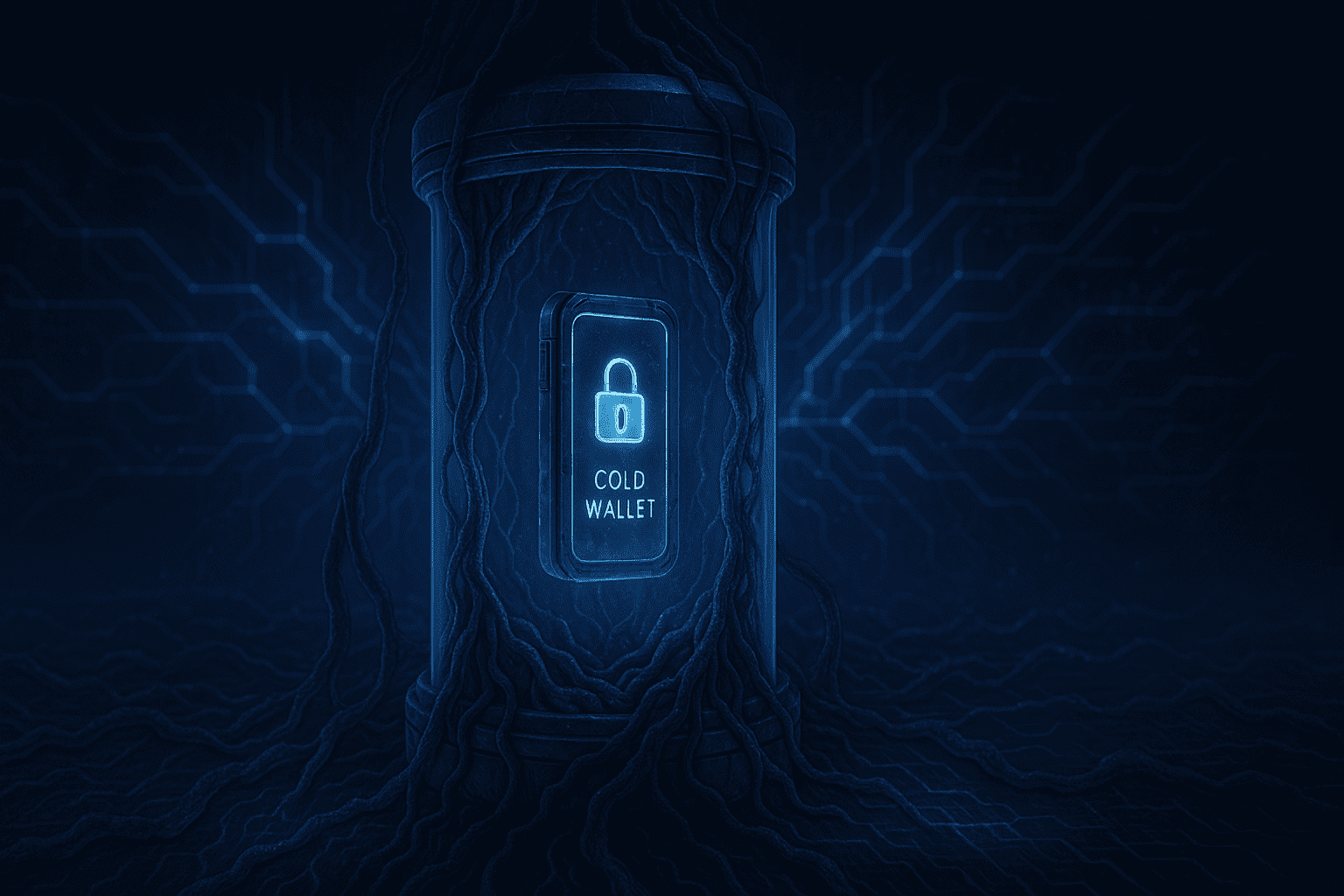 Uma ilustração sci-fi mostrando uma cold wallet suspensa dentro de uma cápsula criogênica translúcida, cercada por circuitos orgânicos pulsantes.