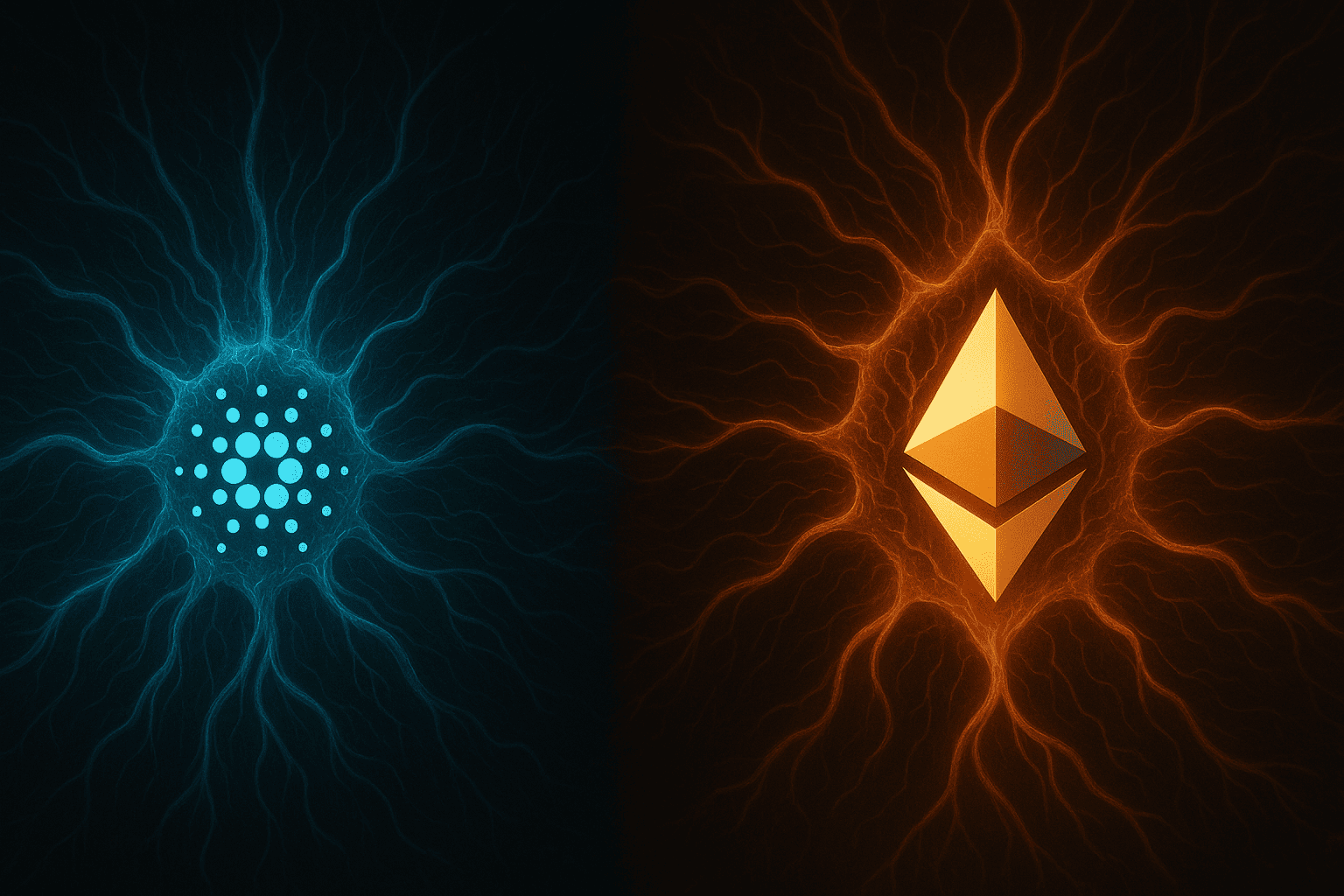 Comparativo simbiótico entre os organismos Cardano e Ethereum, representando seus modelos de consenso e arquitetura como estruturas biológicas divergentes, com pulsos de energia e ramificações neurais distintas.