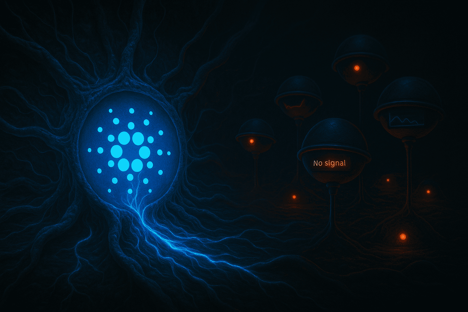 Representação visual da dissociação entre desenvolvimento técnico e valorização de mercado da ADA , com o organismo Cardano vibrante por dentro, mas ignorado por sensores externos do ecossistema.