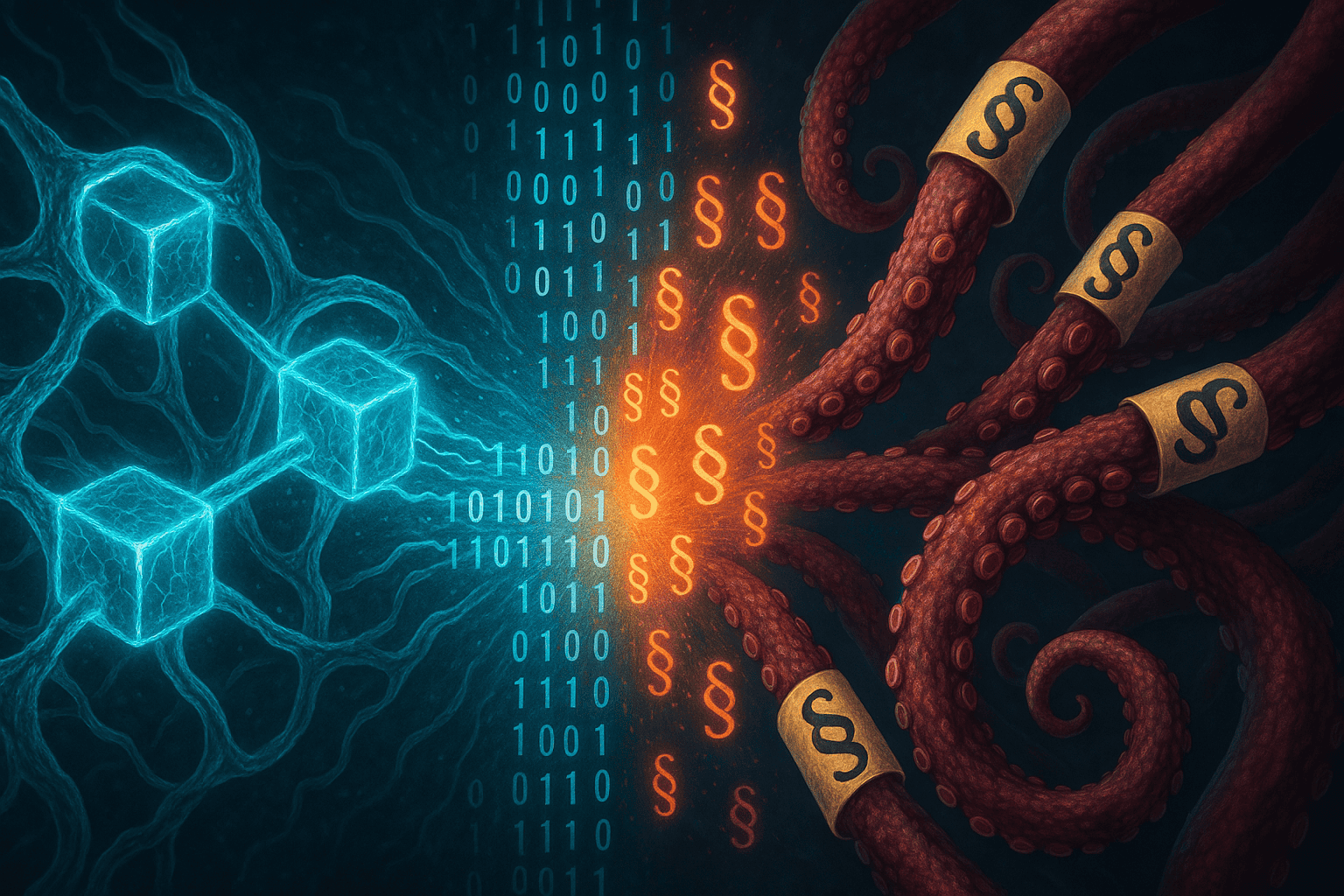 Uma ilustração com o embate visual entre uma malha de blockchain orgânica e tentáculos de estruturas jurídicas tentando envolver os blocos com fitas regulatórias. No centro, códigos binários colidem com parágrafos legais.