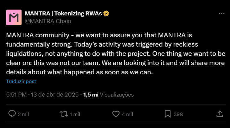 Postagem oficial da Mantra que diz: Hoje foi resultado de liquidações irresponsáveis, e não tem relação com falhas no projeto. Queremos deixar claro: isso não foi causado por nossa equipe.