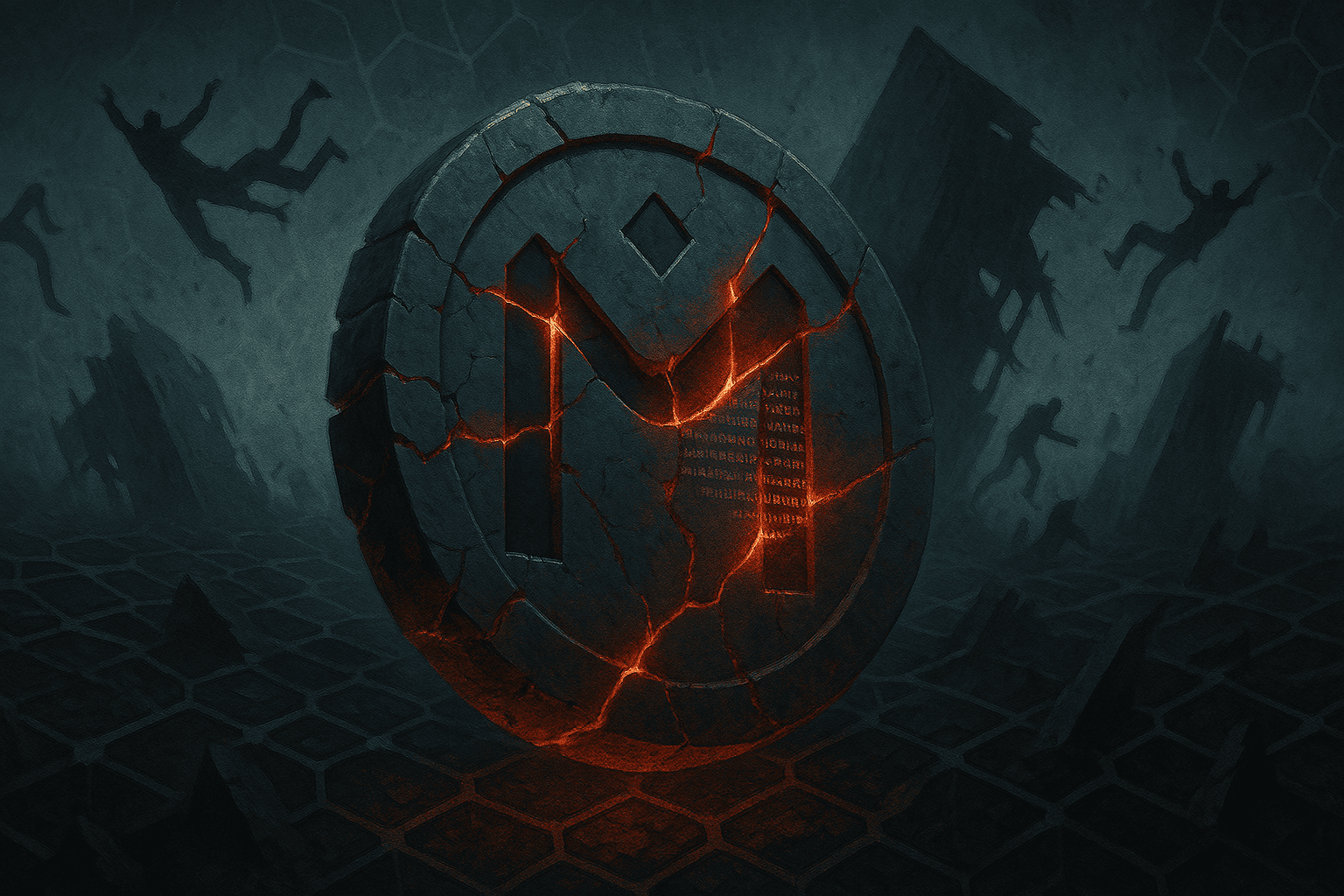 Uma ilustração dramática mostrando um token OM rompido, com rachaduras por onde vaza luz vermelha, flutuando em uma malha digital colapsada. 