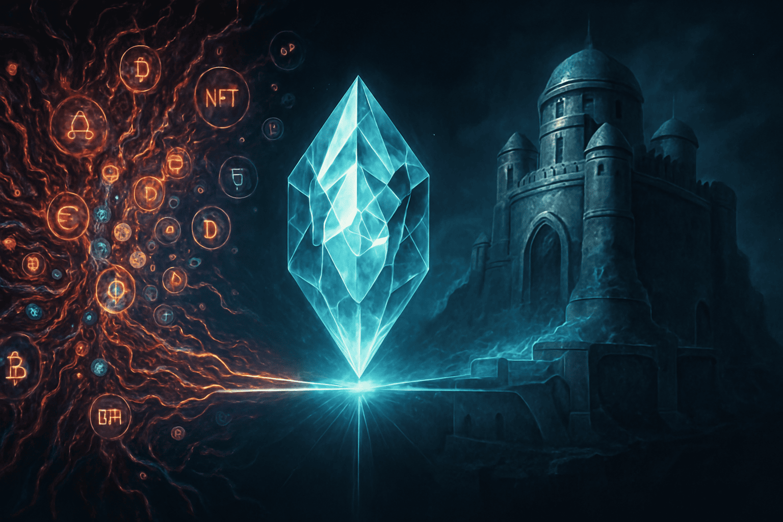Ilustração sci-fi mostrando uma cold wallet como um núcleo cristalino flutuando entre dois mundos: de um lado, um ecossistema cripto vibrante com dApps, NFTs e protocolos pulsando; do outro, uma fortaleza simbiótica blindada. A cold wallet é conectada a ambos por feixes de luz controlados, representando equilíbrio entre segurança e funcionalidade. 