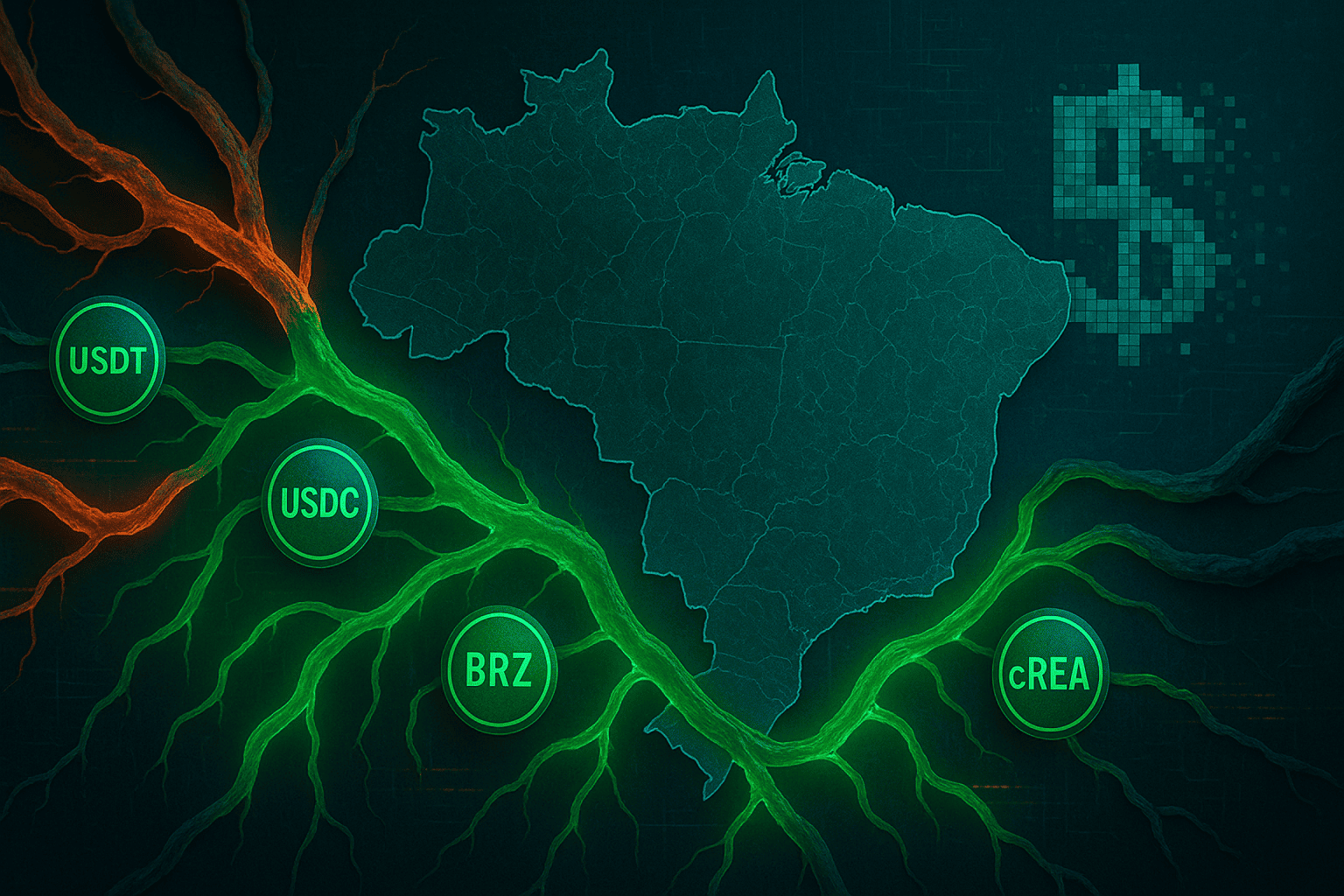 representação realista de um mapa do Brasil conectado a veias digitais que transportam stablecoins como USDT, USDC, BRZ e cREAL. As artérias financeiras antigas se rompem ou perdem intensidade, enquanto novas veias se acendem com luzes verdes e douradas. Ao fundo, o símbolo do real se dissolve suavemente em blocos de dados, representando a transição para o real sintético.