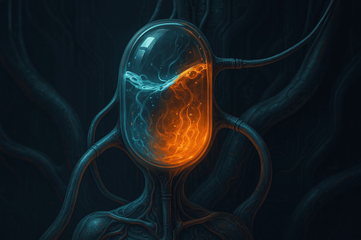 Ilustração biotecnológica mostrando uma pool de liquidez como uma cápsula orgânica transparente, com dois líquidos brilhantes se equilibrando dinamicamente. Tubos conectam a cápsula a outras partes de um corpo cibernético, representando swaps automáticos.