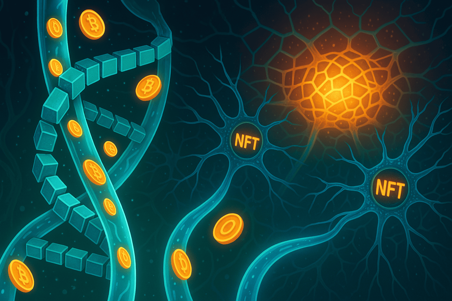 Uma ilustração sci-fi mostrando um código genético feito de blocos de blockchain, com tokens fungíveis circulando como glóbulos digitais em vasos de luz, e NFTs fixados em células neurais digitais.
