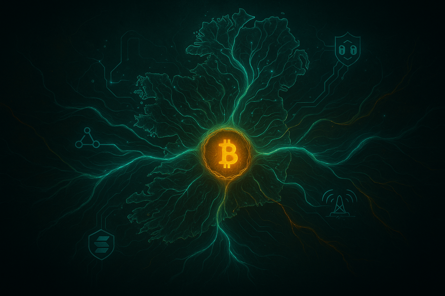 Mapa da Irlanda com estruturas orgânicas conectadas a circuitos de blockchain, onde uma reserva digital de Bitcoin pulsa no centro como um órgão biotecnológico. Elementos como chaves multisig, nós descentralizados e canais energéticos irradiam da reserva.