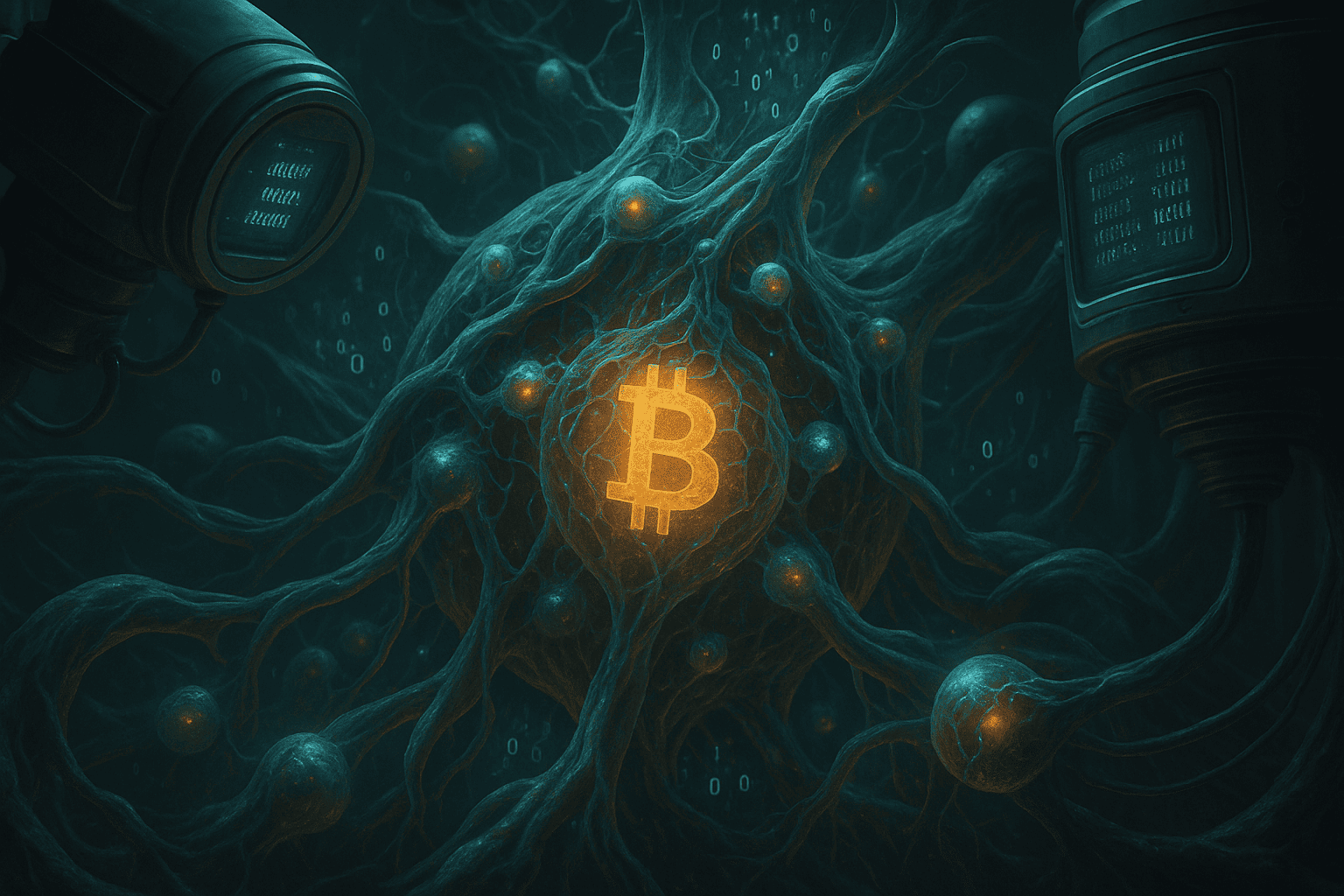 Um organismo biotecnológico descentralizado com filamentos pulsantes sendo examinados por estruturas centralizadas semelhantes a sensores fiscais. Os criptoativos aparecem como núcleos energéticos em um tecido vivo, enquanto códigos binários se fundem com moléculas.