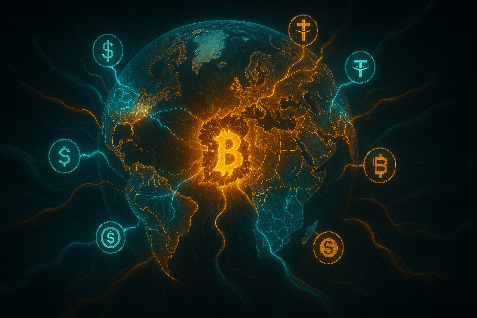 a Terra como um organismo vivo com várias regiões conectadas por veias de dados e transações digitais. No centro, o dólar americano começa a se dissolver, substituído por múltiplos fluxos de stablecoins, Bitcoin e moedas digitais locais, irradiando autonomia monetária.
