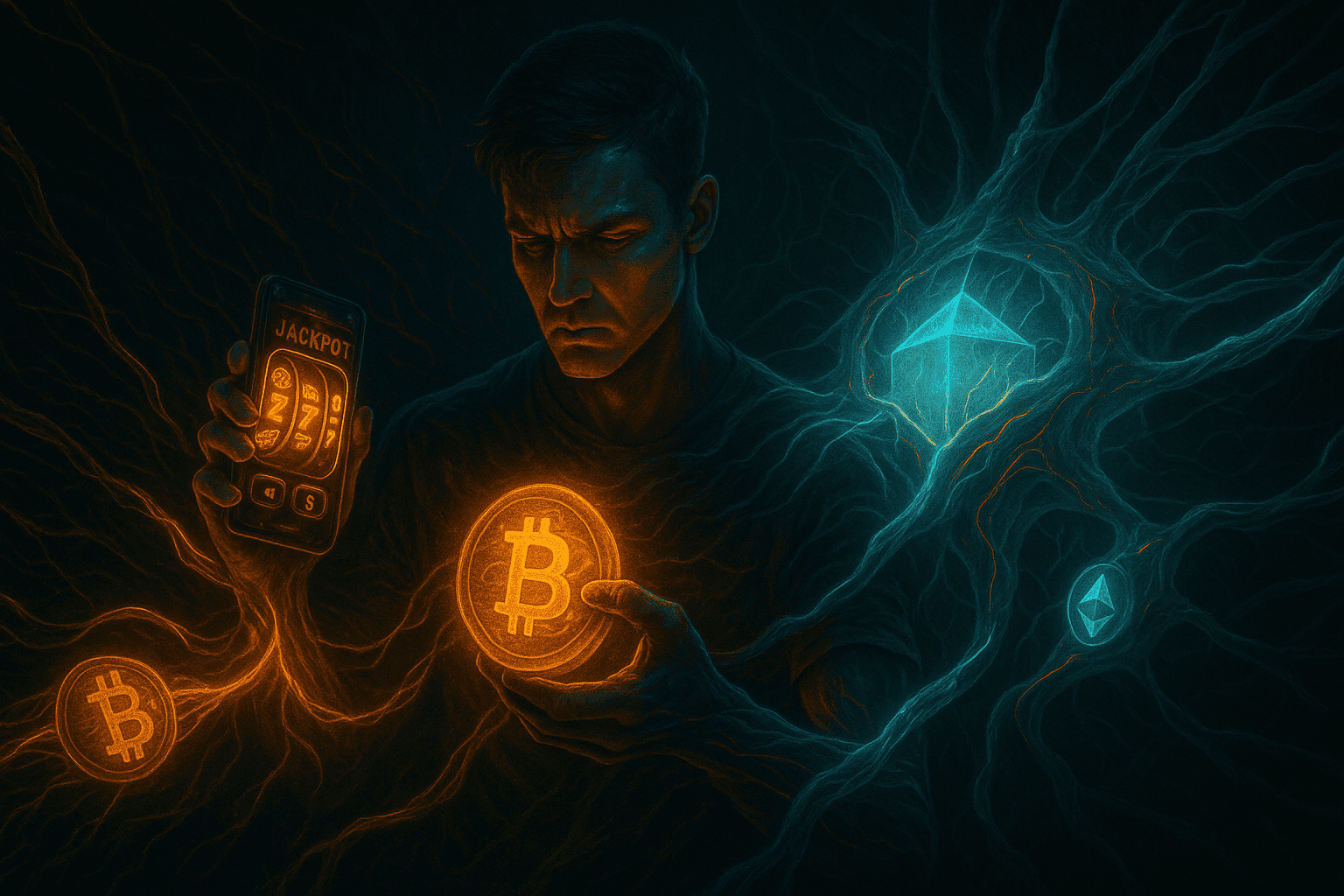 Um jovem dividindo sua energia entre dois sistemas: de um lado, uma rede escura de algoritmos famintos (cassino digital), e do outro, uma estrutura blockchain viva e translúcida oferecendo oportunidades reais. Elementos biotecnológicos como neurônios, contratos inteligentes e canais de valor se entrelaçam na imagem.