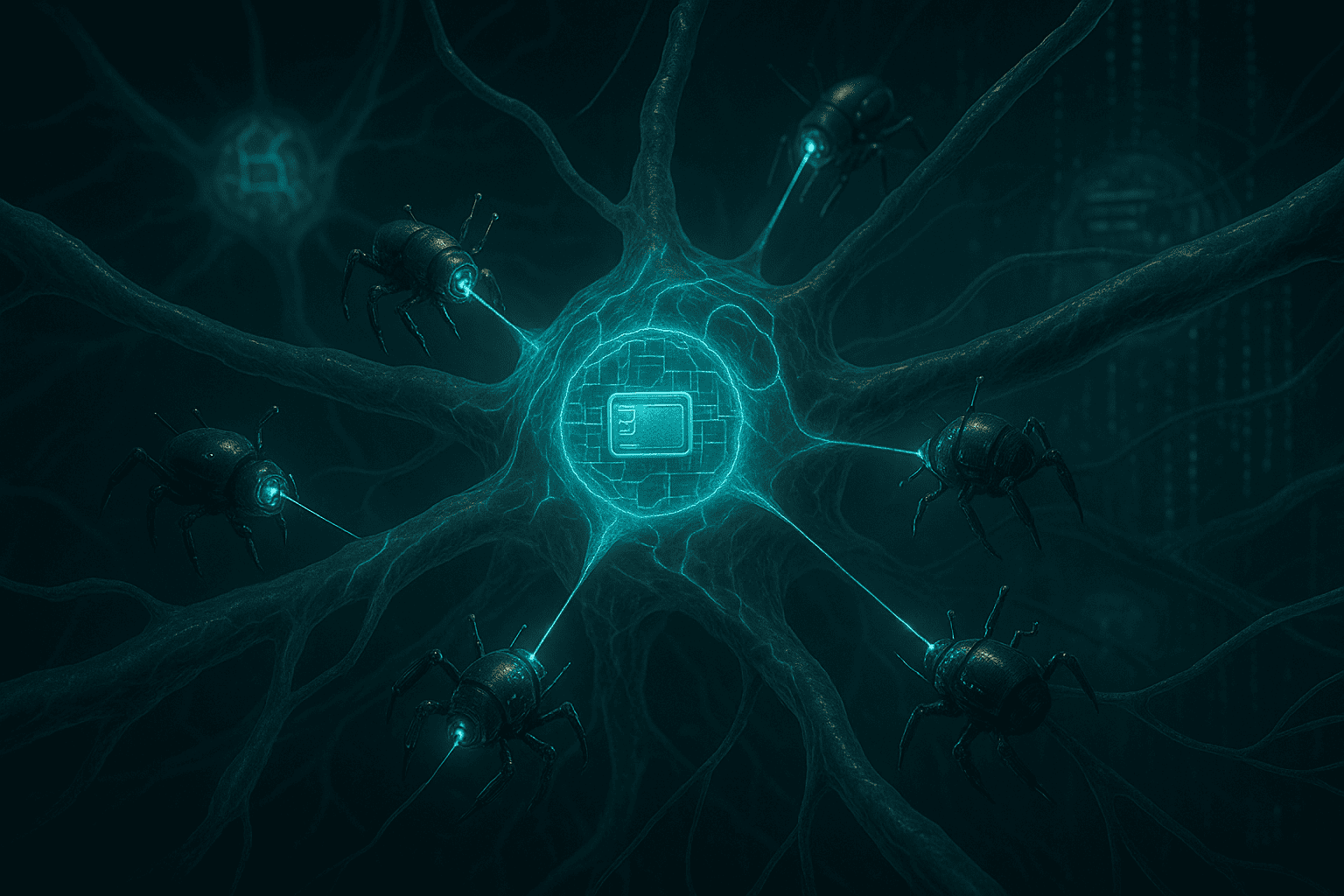 um organismo simbiótico representando o ecossistema cripto sendo invadido por agentes parasitários tecnológicos. Os drainers aparecem como nanorrobôs se infiltrando em conexões neuronais entre wallets e protocolos. A estética mistura biotecnologia com ambientes digitais, destacando a tensão entre proteção e infecção.