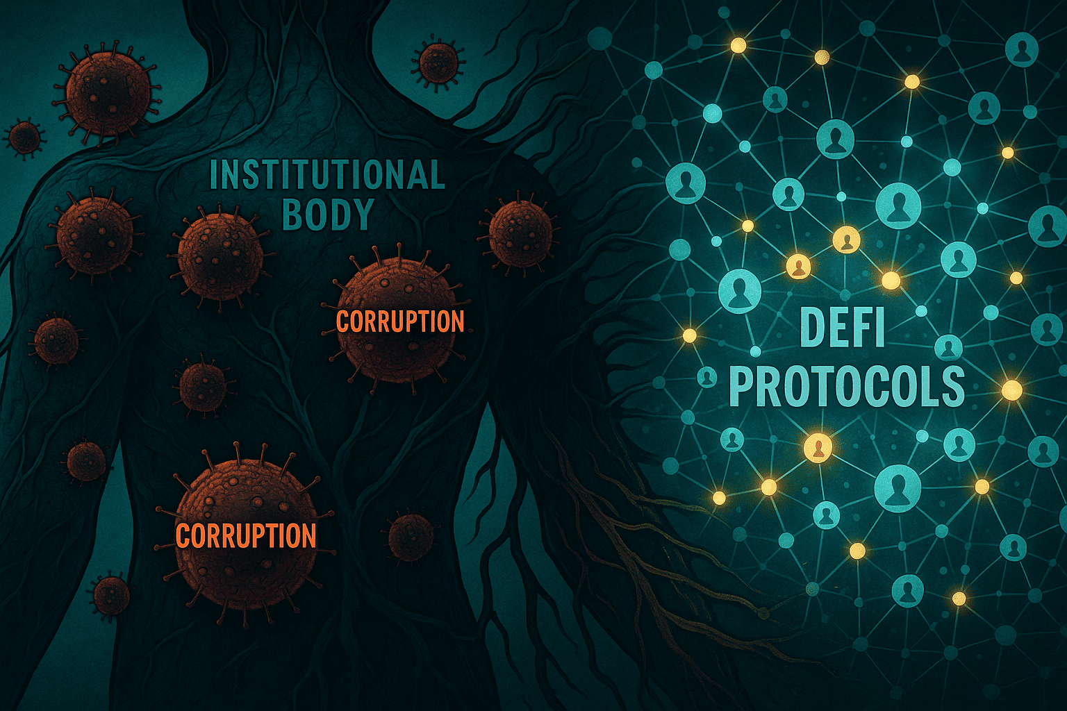 Representação de um corpo institucional sendo infectado por partículas de corrupção (como vírus), enquanto ao lado, uma rede descentralizada de células (representando protocolos DeFi) se forma como um sistema imunológico paralelo, conectando pessoas e recursos com luzes pulsantes.