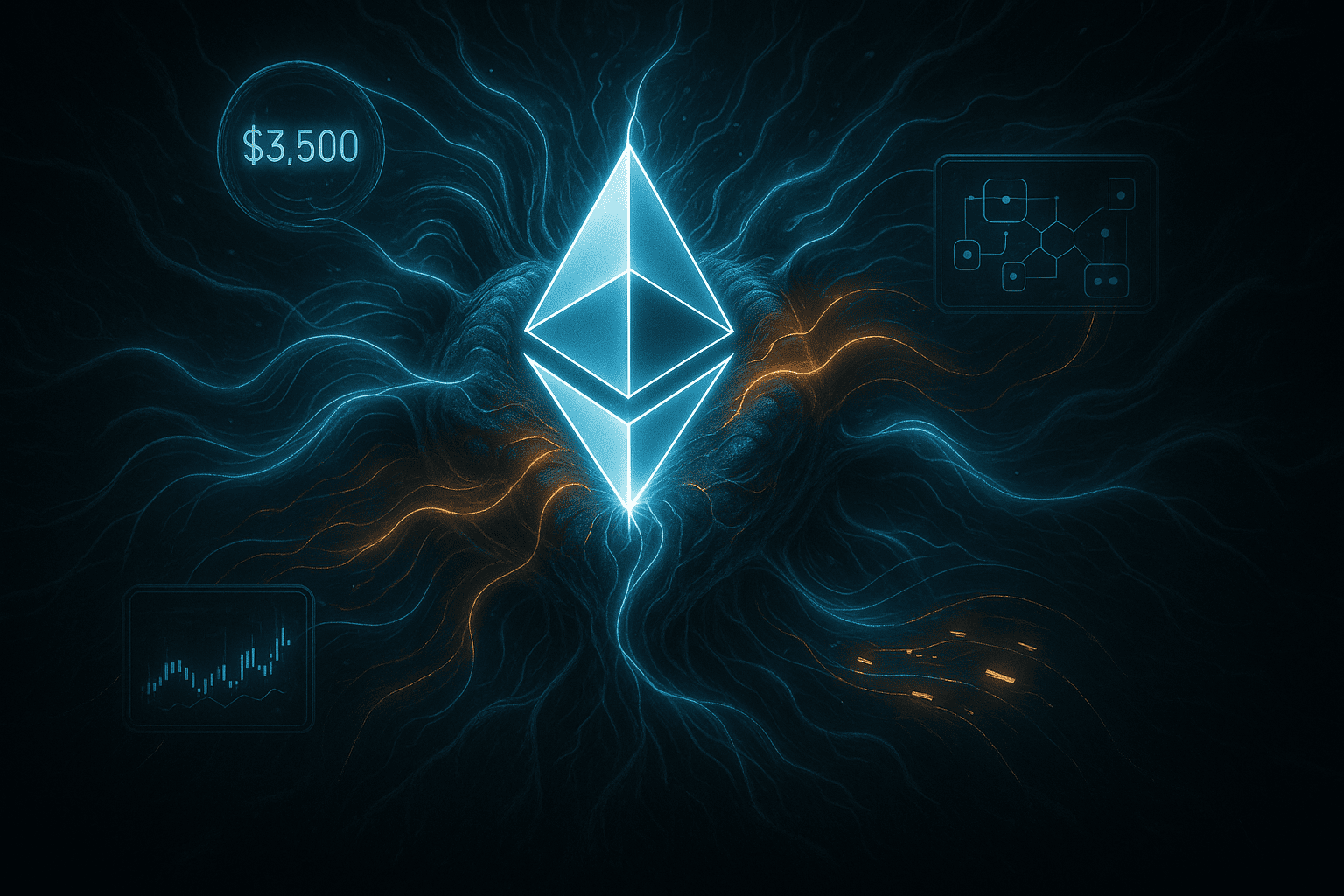 Um coração digital simbiótico que representa o Ethereum, pulsando e irradiando energia por meio de redes de contratos inteligentes interconectadas e rollups L2. Métricas de preços brilhantes e sinais de blockchain espiralam em torno do núcleo, simbolizando o aumento do preço do ETH e as próximas atualizações.