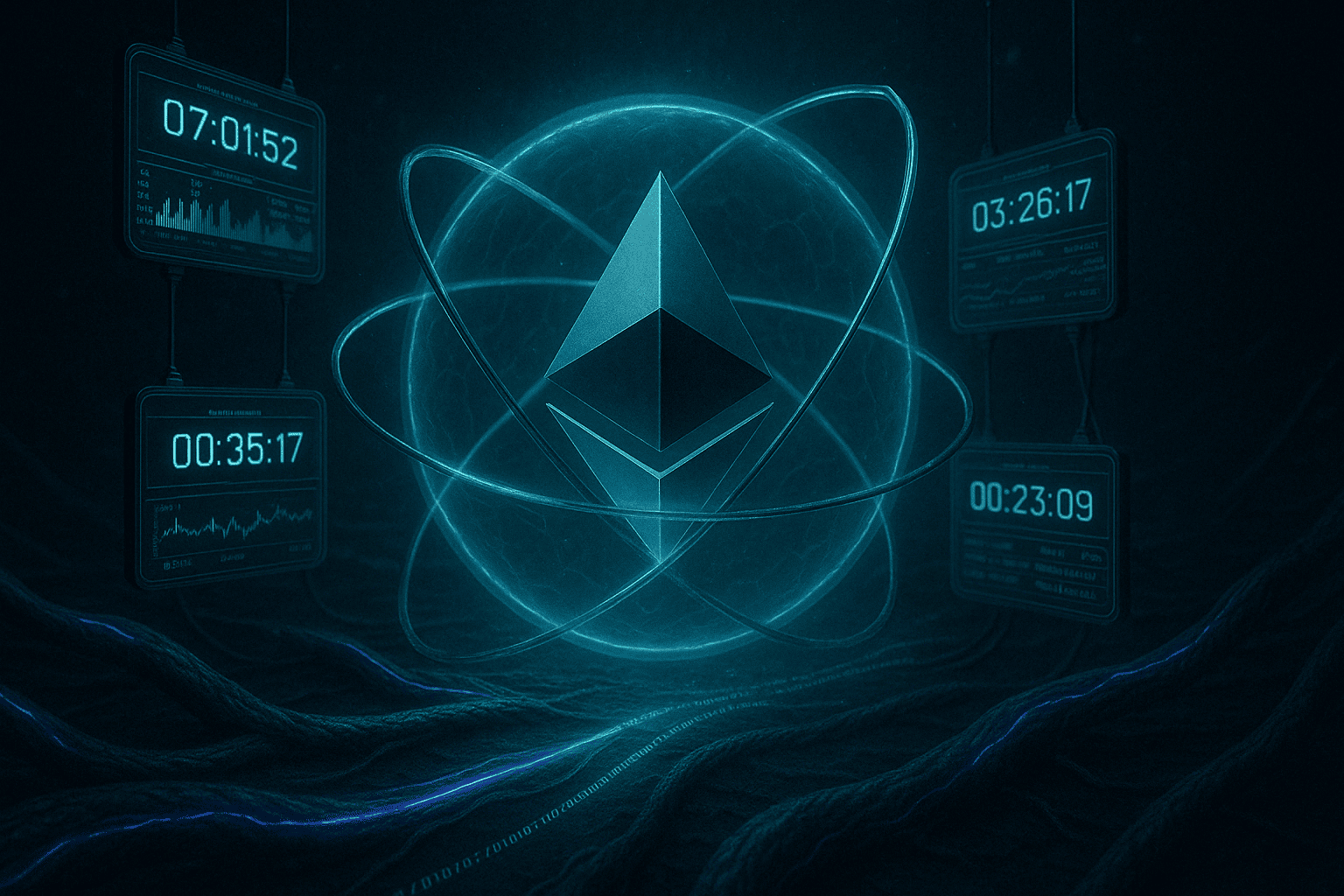 Ethereum preso em um campo de força azul-esmeralda, com sensores flutuantes ao redor exibindo contagens regressivas digitais e correntes de dados criptografados circulando no entorno