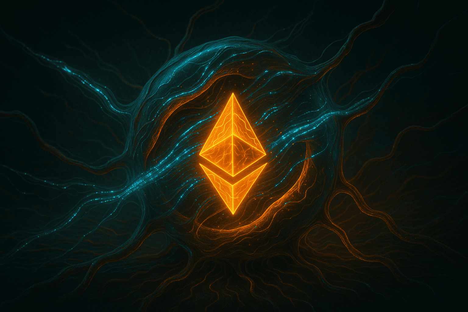 Uma célula digital simbiótica que representa uma carteira criptográfica
  ganhando funções temporárias de contrato inteligente, brilhando com gavinhas
  programáveis, fluxos de dados fluindo dinamicamente através de sua membrana -
  simbolizando o EIP-7702 da Ethereum. Estilo biotecnológico, alto detalhe,
  atmosfera ciber-orgânica.