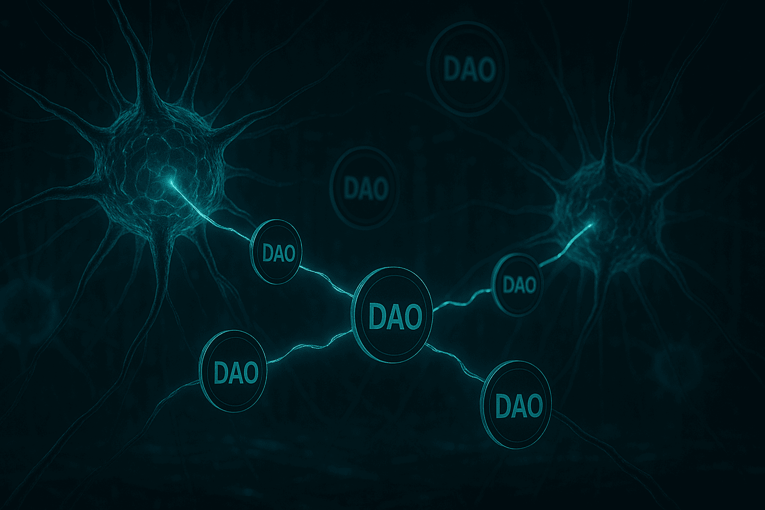 Uma ilustração biotecnológica mostrando sinapses digitais ativadas por tokens de governança que fluem como neurotransmissores entre neurônios descentralizados. Cada neurônio representa uma DAO, e os sinais criam uma rede viva de decisões simbióticas.