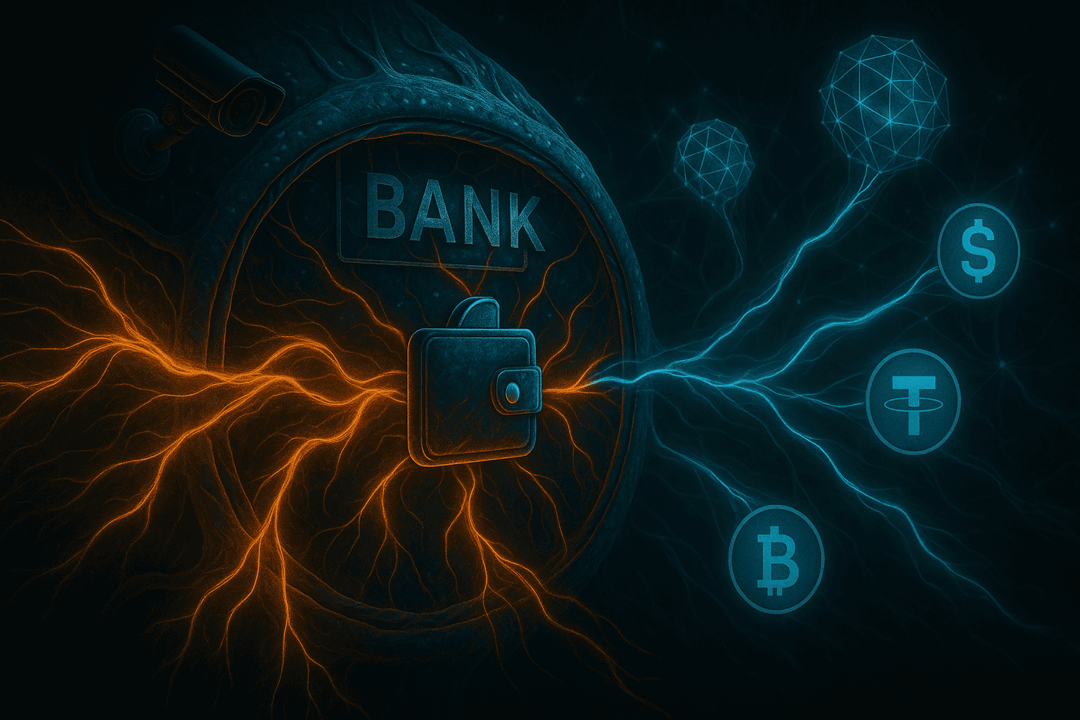 Representação simbiótica de um organismo bancário tentando encapsular carteiras cripto livres, com barreiras digitais e sistemas de vigilância impedindo a circulação plena dos ativos.