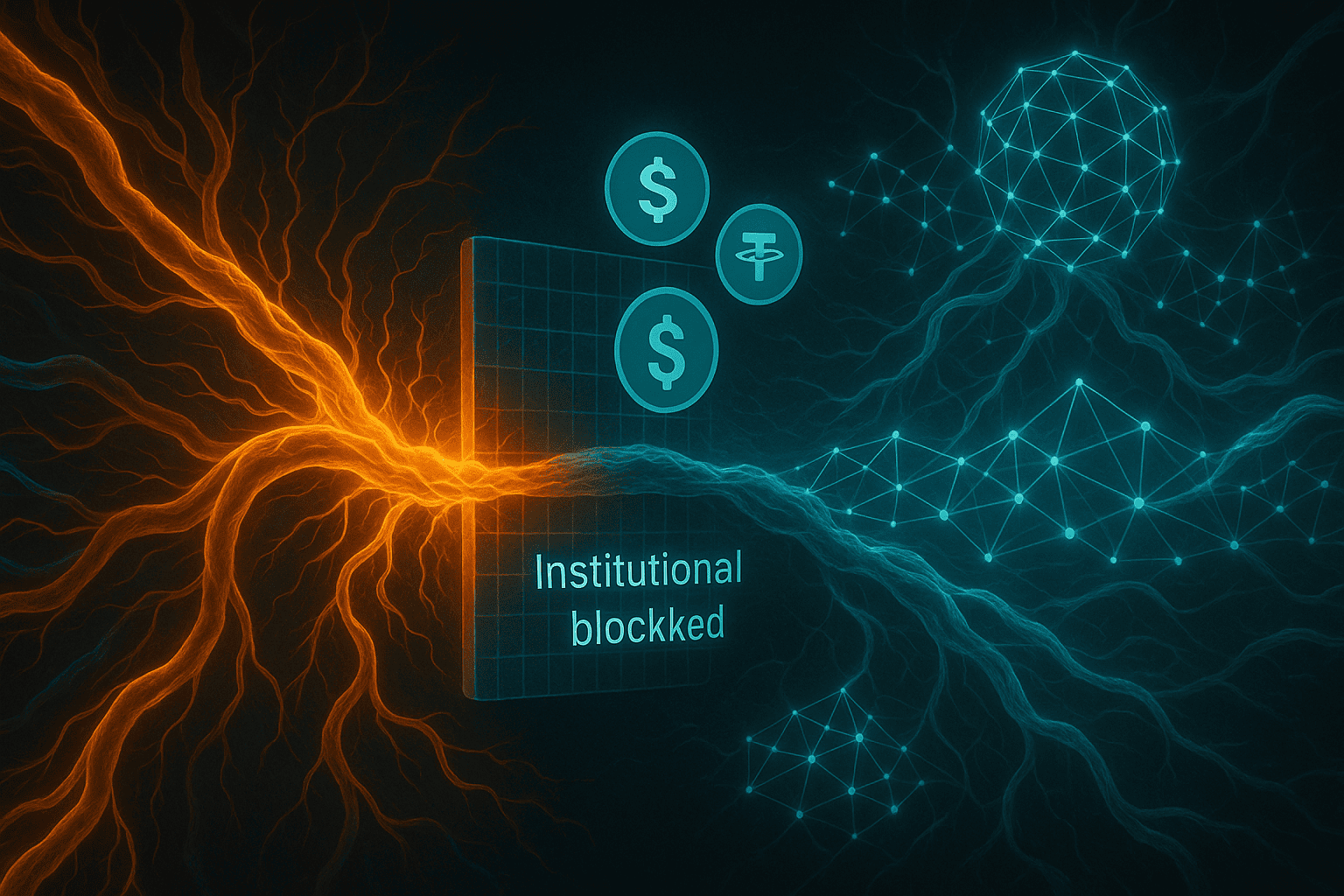 Visualização biotecnológica de um fluxo sanguíneo digital com stablecoins bloqueadas por barreiras institucionais, contrastando com redes descentralizadas vibrantes ao redor.