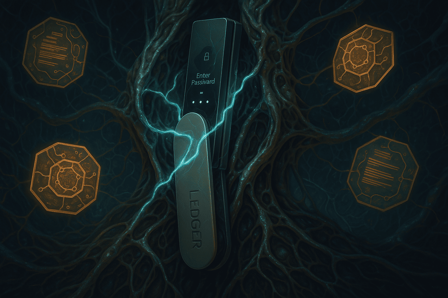Ilustração futurista mostrando um dispositivo Ledger Nano inserido em um exoesqueleto biotecnológico, com luzes pulsantes conectando-o a um ecossistema digital vivo.