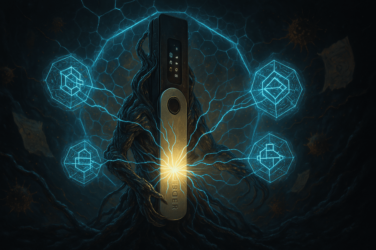 Uma arte sci-fi de um simbionte cripto dominando uma Ledger Nano como se fosse um núcleo energético, com veias digitais partindo do dispositivo para diferentes blockchains.