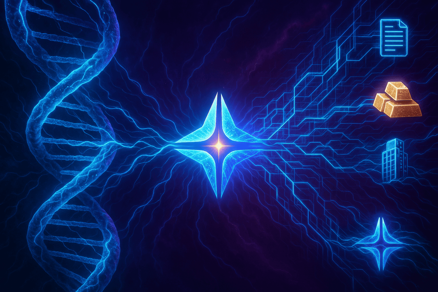 Uma ilustração em estilo sci-fi mostrando uma cadeia de DNA se transformando em uma estrutura de blockchain viva. No centro, o token LUMIA pulsa como um núcleo energético, conectando elementos físicos (imóveis, ouro, documentos) a fibras digitais.