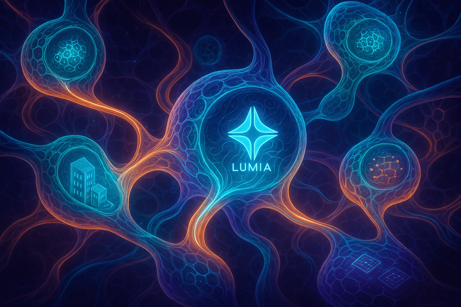 Uma visão de dentro de um organismo simbiótico digital onde cada célula representa um HyperNode. Essas células interagem por feixes de luz entre camadas de contratos inteligentes. Um deles mostra um edifício tokenizado sendo absorvido como nutriente digital pelo sistema.