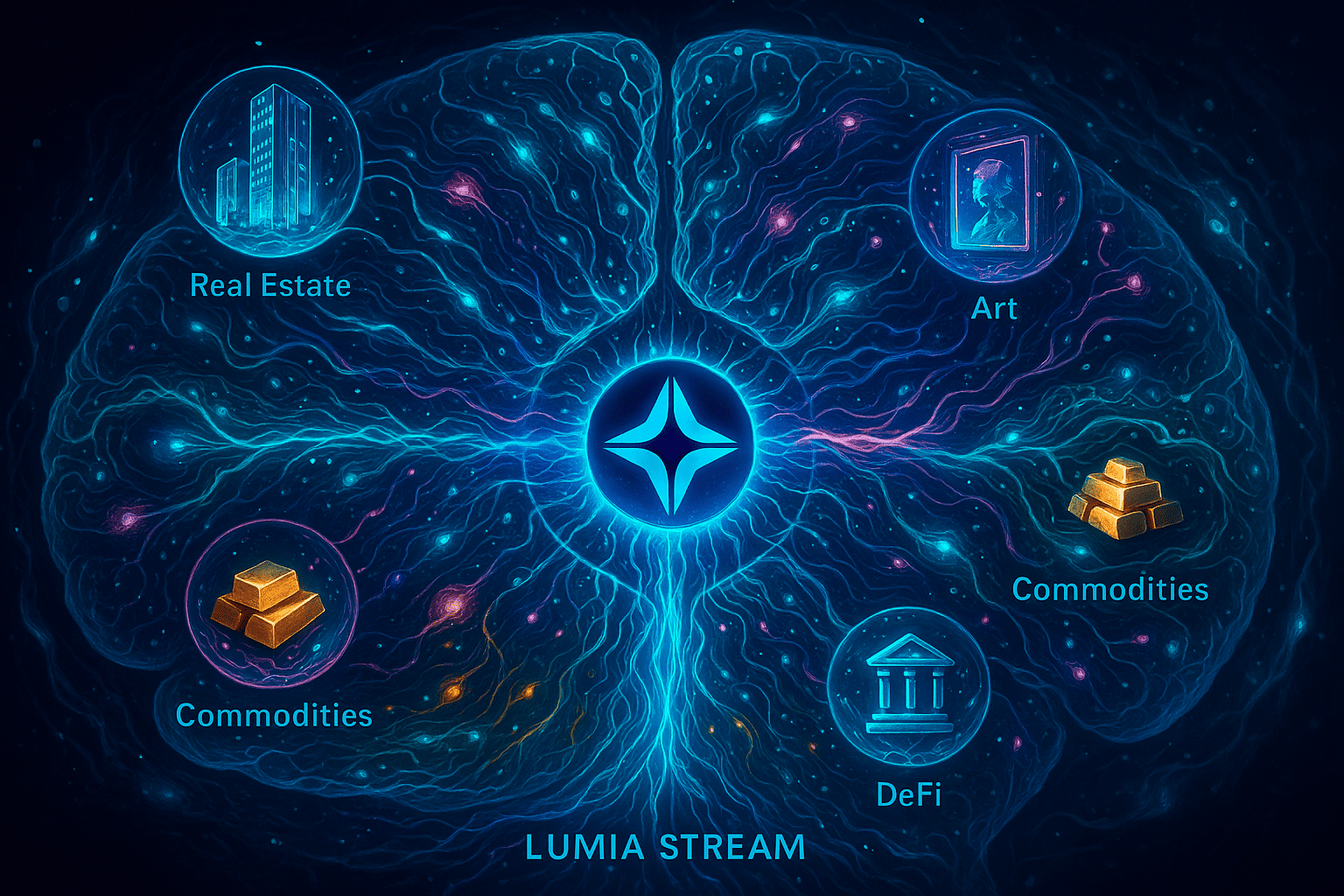 Mapa estilizado do ecossistema Lumia como um cérebro descentralizado com diversas regiões: setor imobiliário, arte, commodities, DeFi. Cada área conecta-se via sinapses de liquidez ao centro — o Lumia Stream — que roteia os dados como um coração tecnológico.