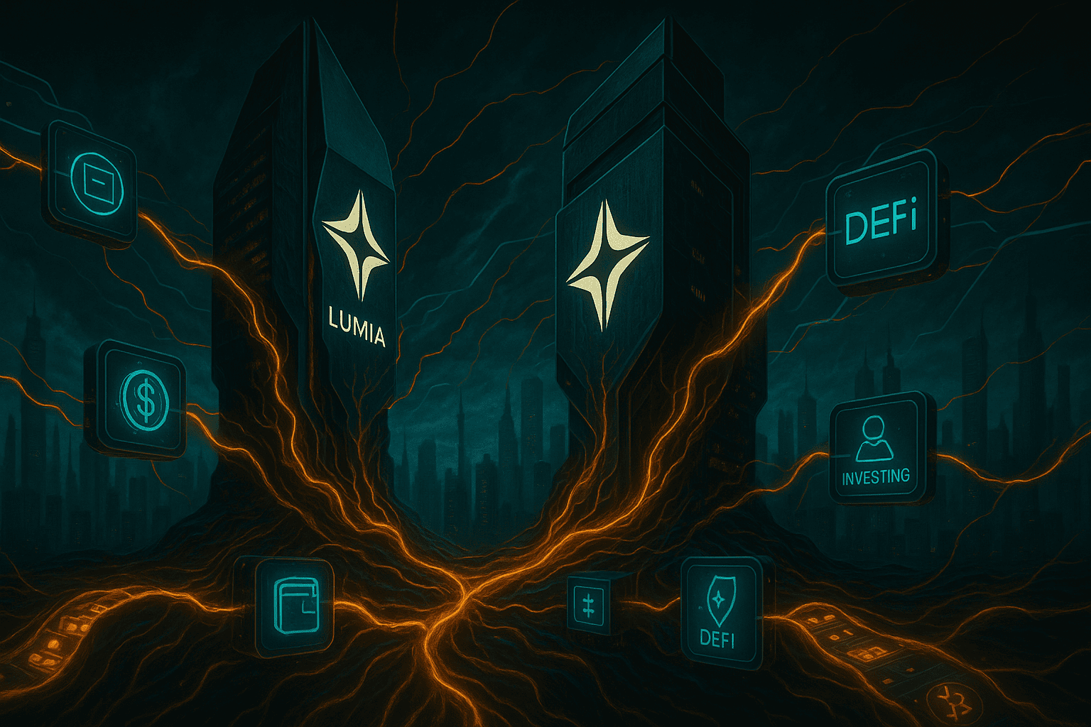 Representação simbiótica das Lumia Towers em Istambul com sua estrutura física conectada digitalmente a uma malha blockchain, mostrando tokens circulando por canais digitais entre edifício, investidores e protocolos DeFi, com estética biotecnológica e futurista.