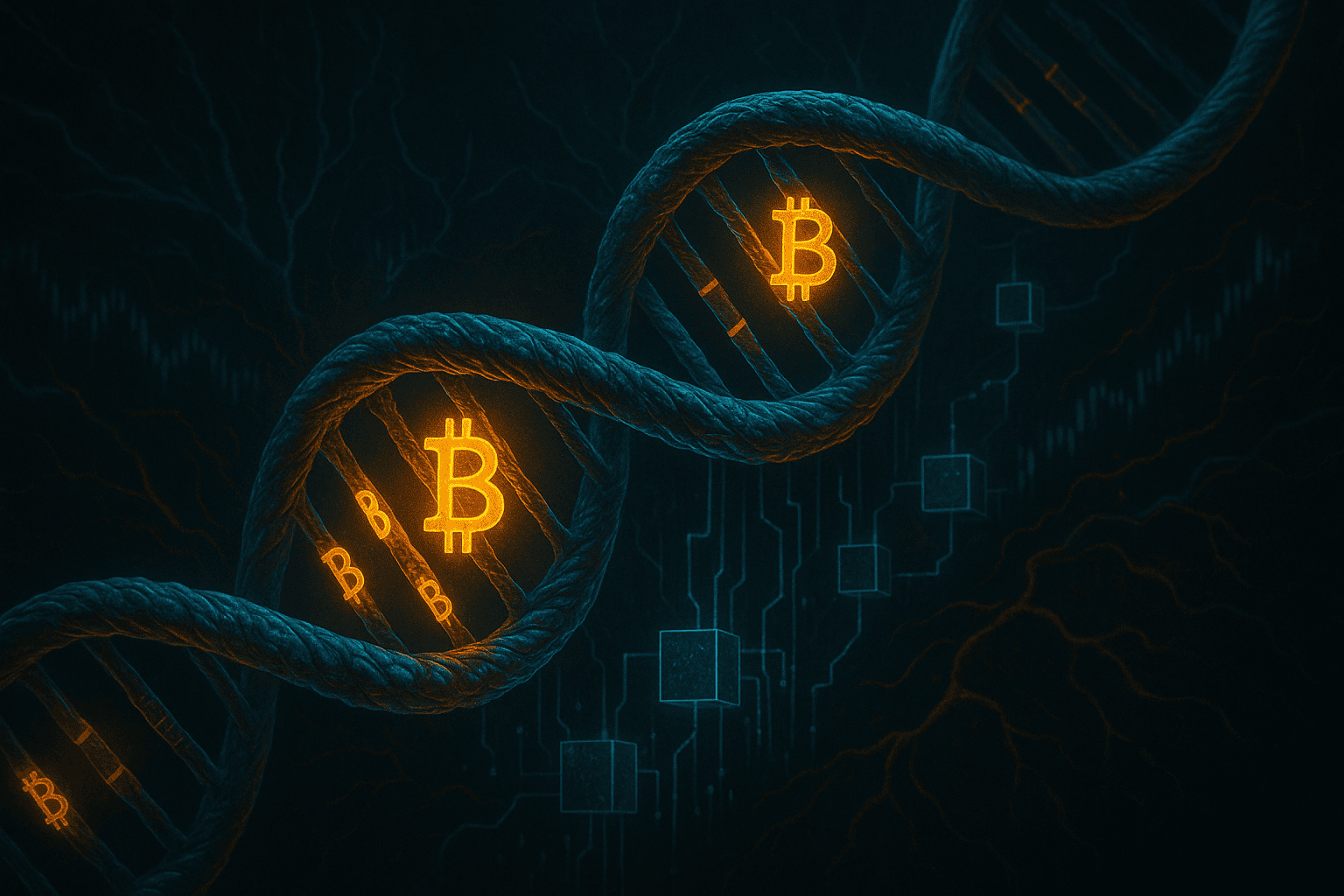 Imagem biotecnológica mostrando um código genético empresarial onde o DNA é reescrito com símbolos do Bitcoin. As cadeias do DNA se entrelaçam com blocos da blockchain, representando a incorporação estratégica do BTC na estrutura financeira da empresa.