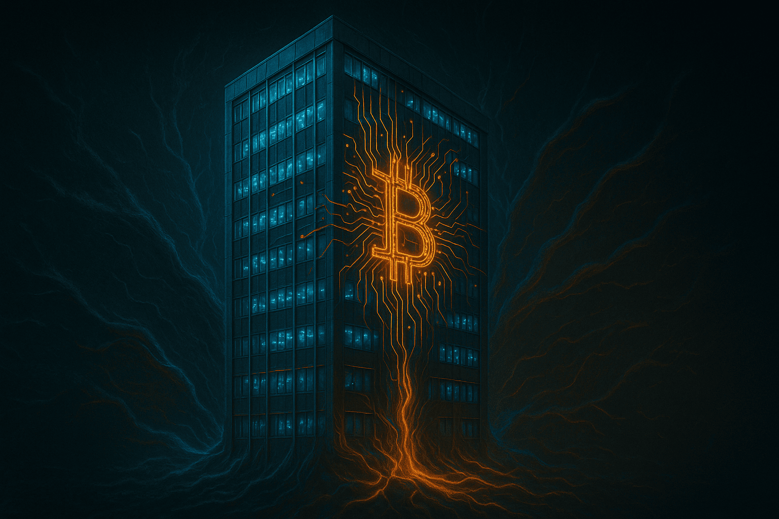 Um prédio corporativo brasileiro com circuitos de Bitcoin fluindo por suas janelas e paredes, como se a moeda estivesse sendo integrada ao seu sistema nervoso central.