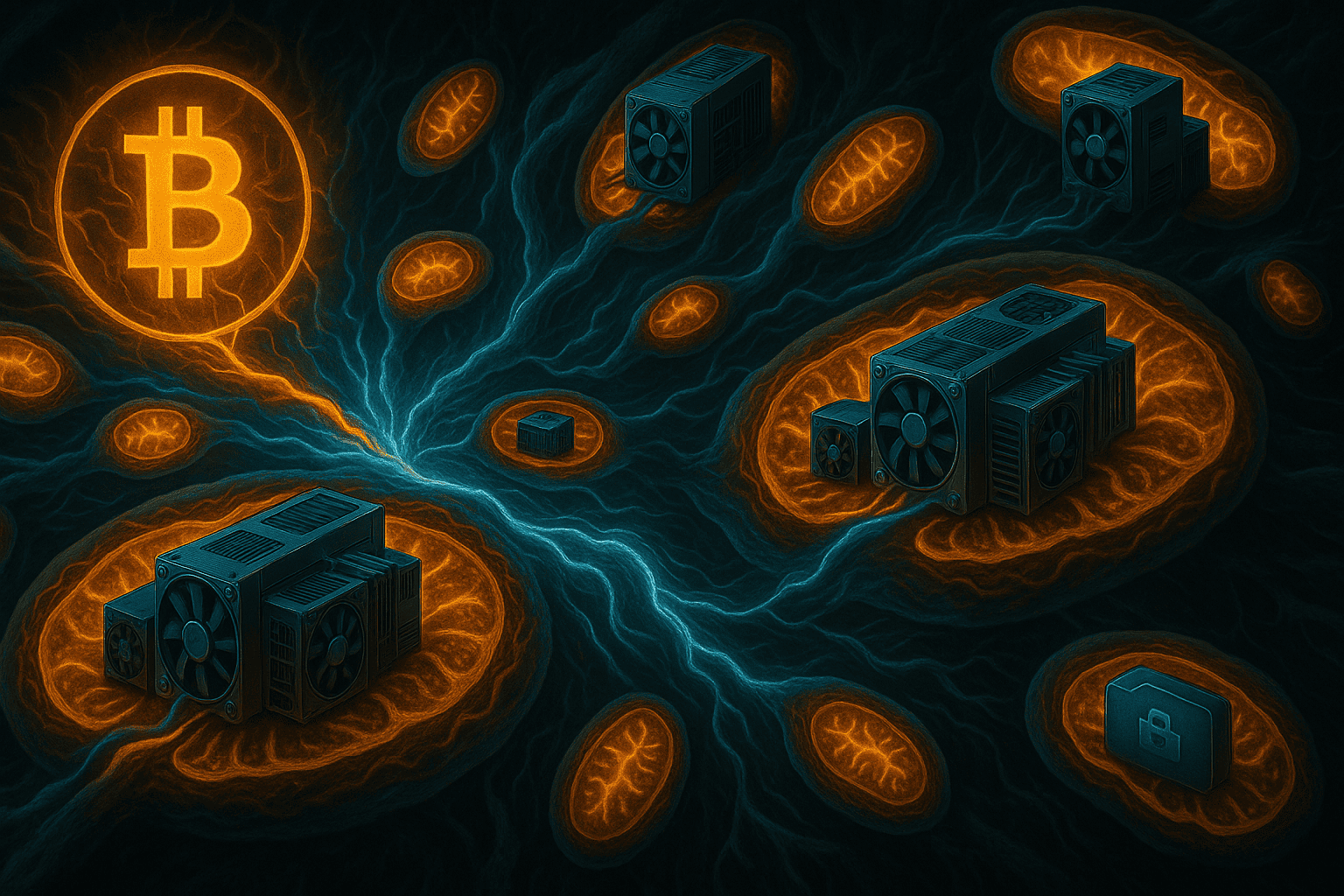 Representação simbiótica da mineração como mitocôndrias digitais, com máquinas gerando blocos como células energéticas dentro do organismo Bitcoin, conectadas a uma rede pulsante e resiliente.