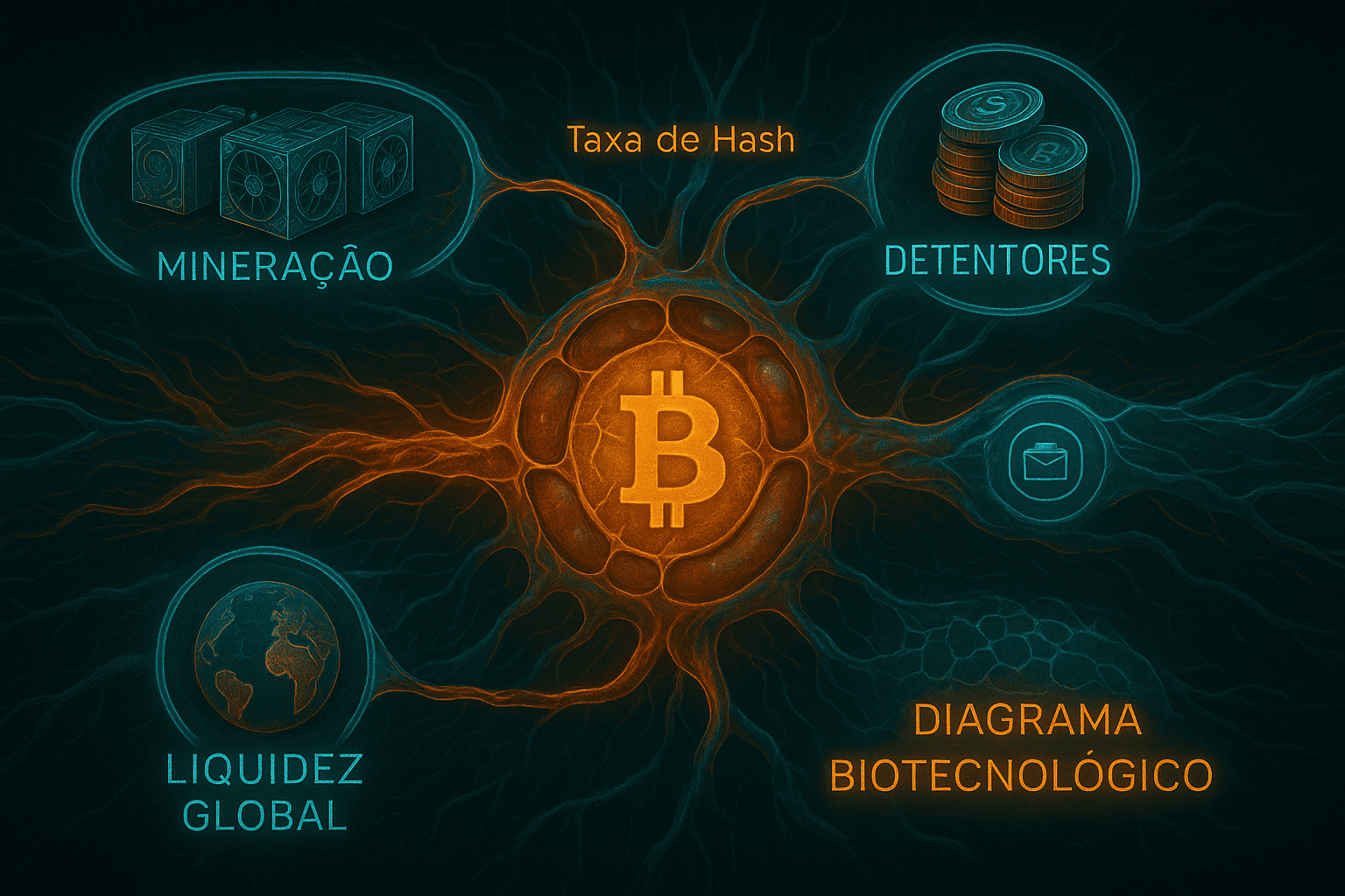 Diagrama biotecnológico mostrando o fluxo entre mineração, taxa de hash, holders e liquidez global como componentes metabólicos interligados do Bitcoin, em uma estética simbiótica e técnica.