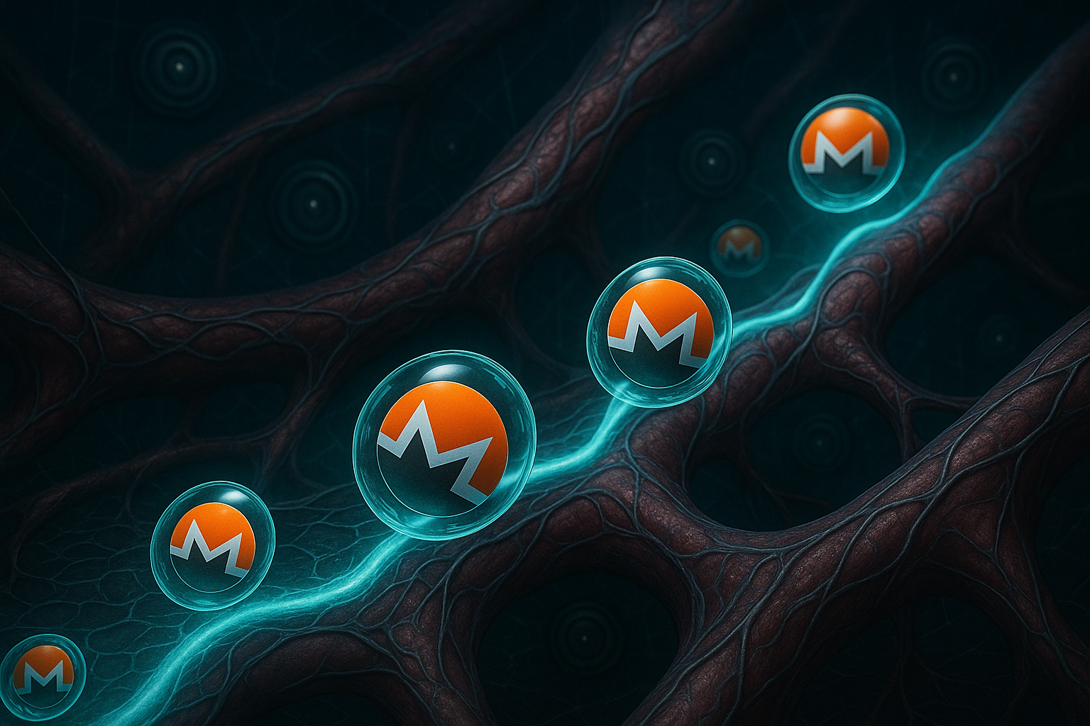 Representação simbiótica de uma corrente sanguínea digital onde moléculas de Monero circulam envoltas em cápsulas de proteção, navegando por um ambiente de redes expostas enquanto evitam sensores de vigilância, em um cenário biotecnológico futurista.